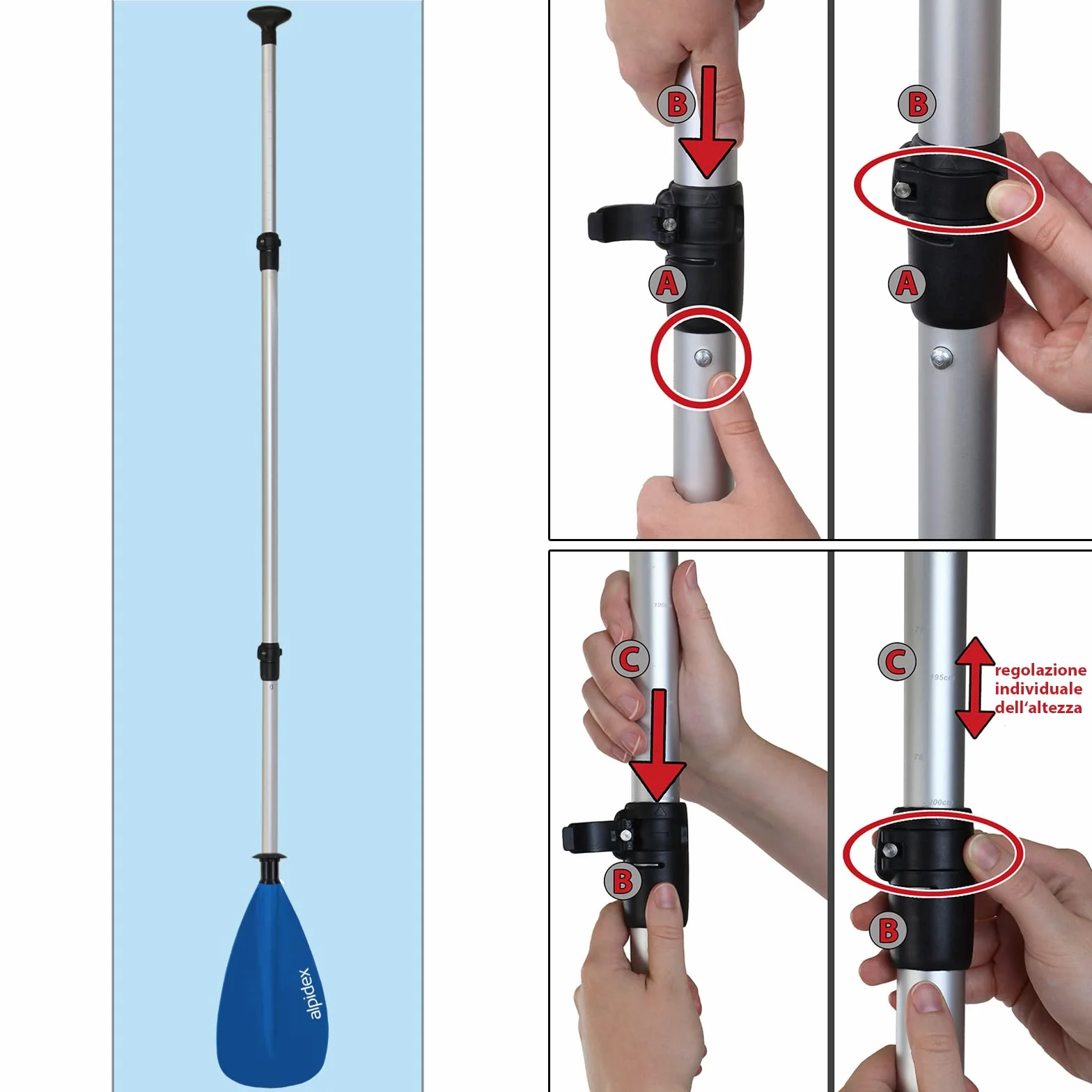 ALPIDEX Pagaia Doppia SUP Kayak Canoa Stand Up Paddle Regolabile 160-207cm Aluminiowa