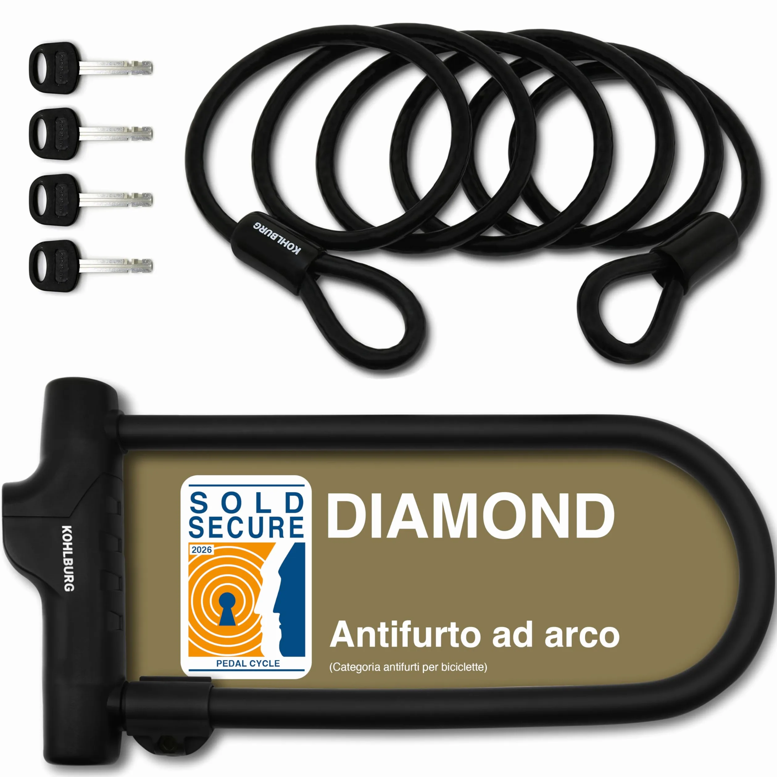 KOHLBURG Antifurto ad arco – Massimo livello di sicurezza 15/15 con cavo da 170 cm – Antifurto ad arco grande con supporto per e‑bike & bicicletta – Serratura bici alta sicurezza – U‑Lock Bike