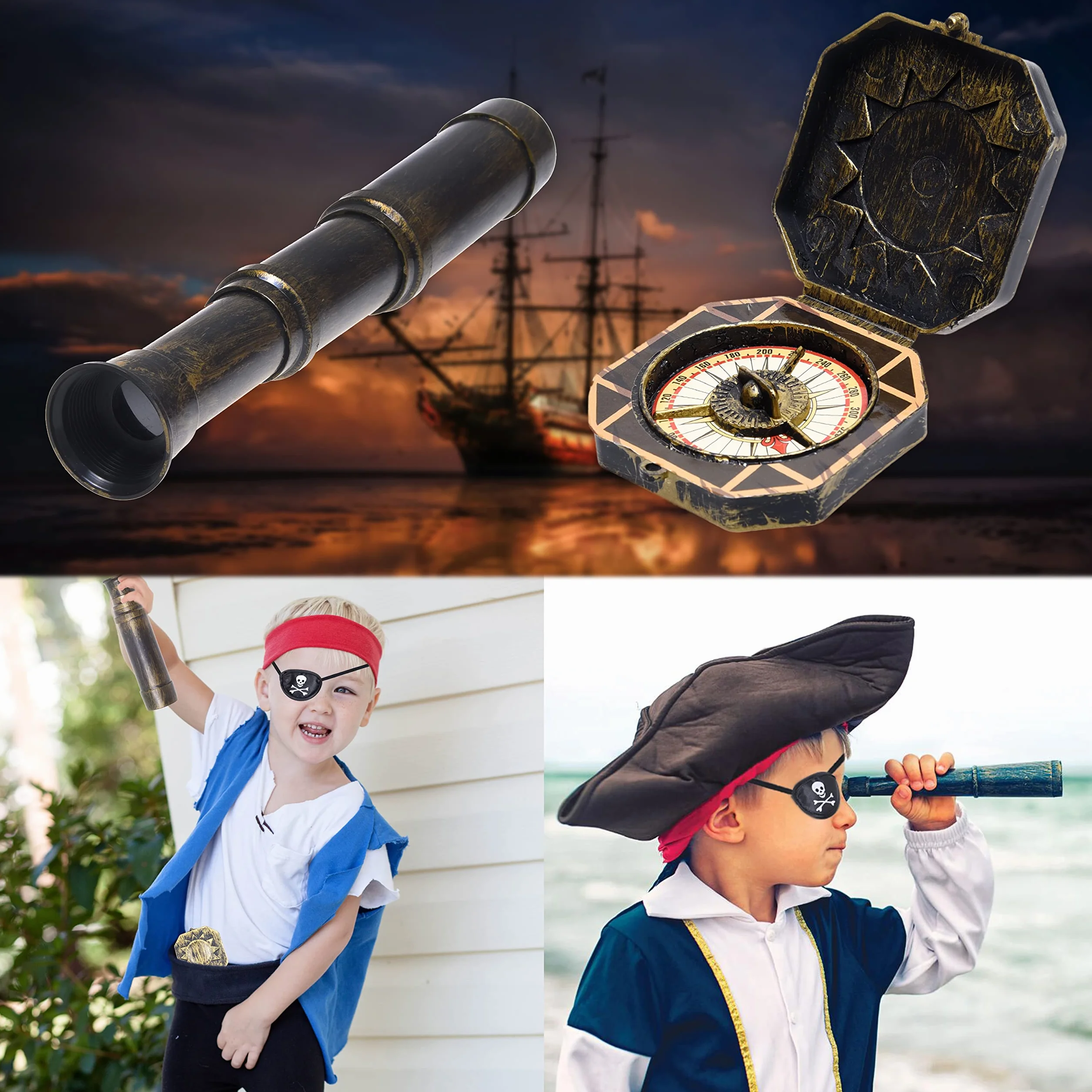 Pirata Cannocchiale Telescopio e Bussola di Scena con Benda sull'Occhio - Accessori per Feste Vintage