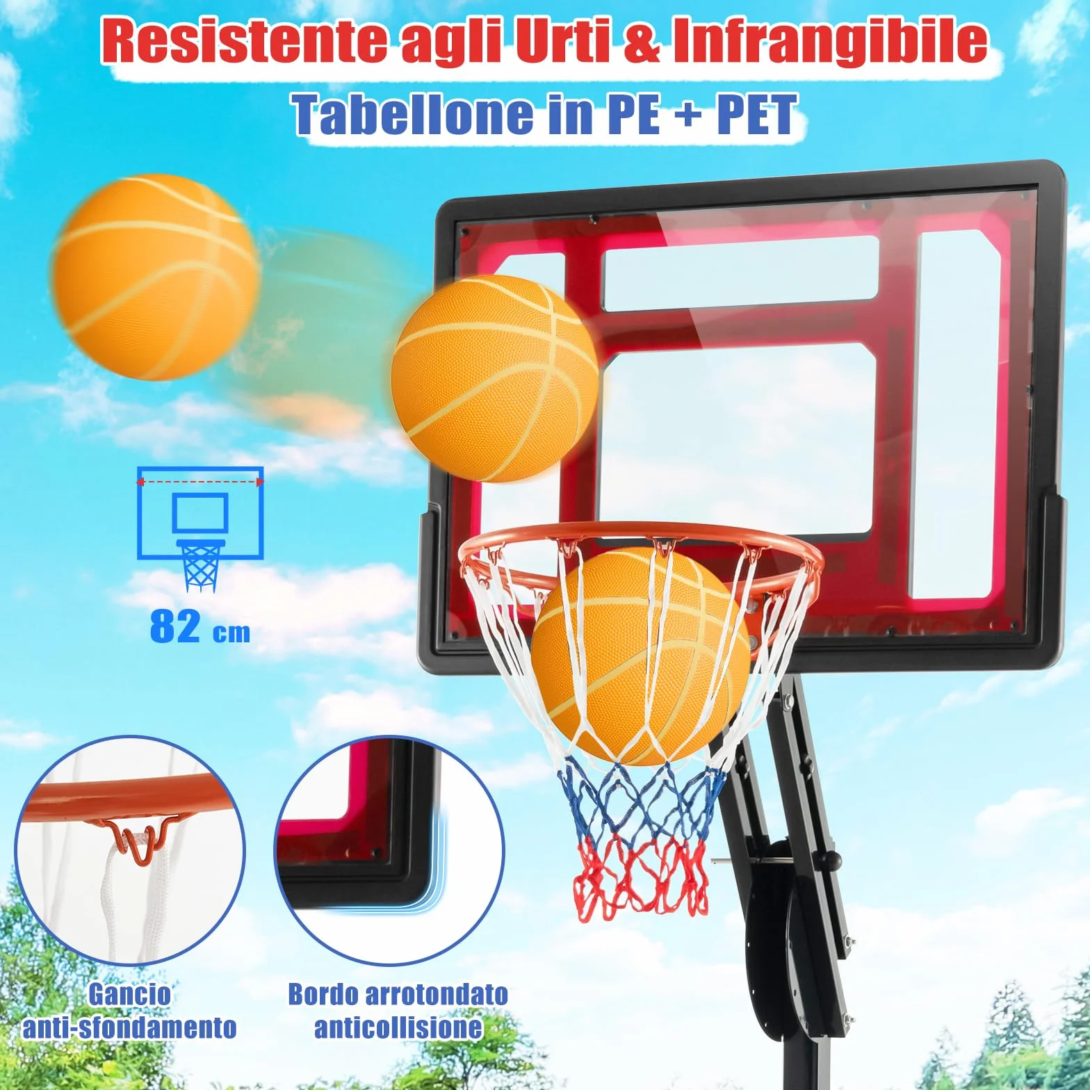 COSWAY Canestro da Basket Esterno Portatile Regolabile 10 Livelli Tabellone 82cm Base Riempibile 2 Ruote Borsa Pallone Pompa