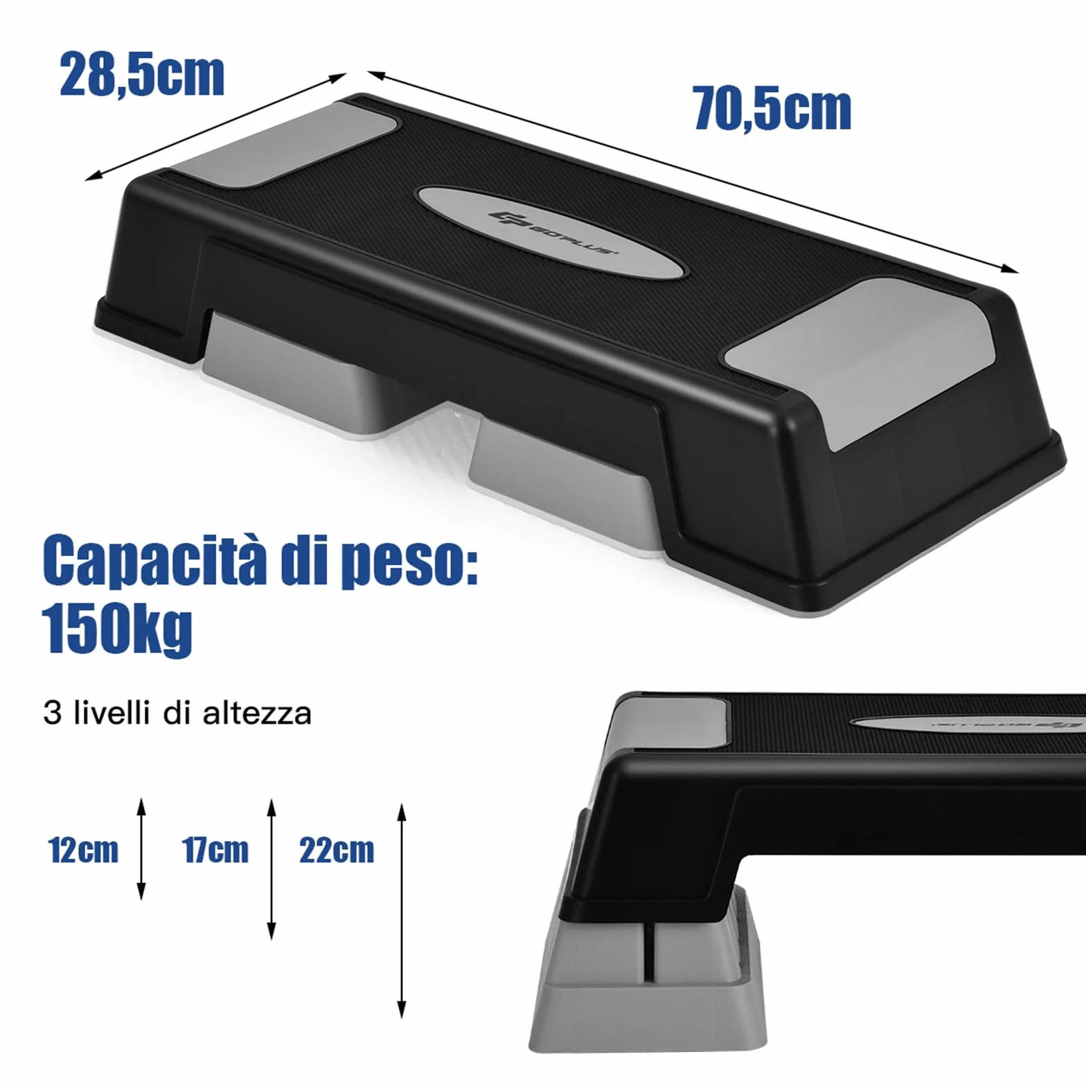 COSTWAY Step da Aerobica Fitness con Altezza Regolabile 12/17/22cm, Capacità Max 150 kg Grigio