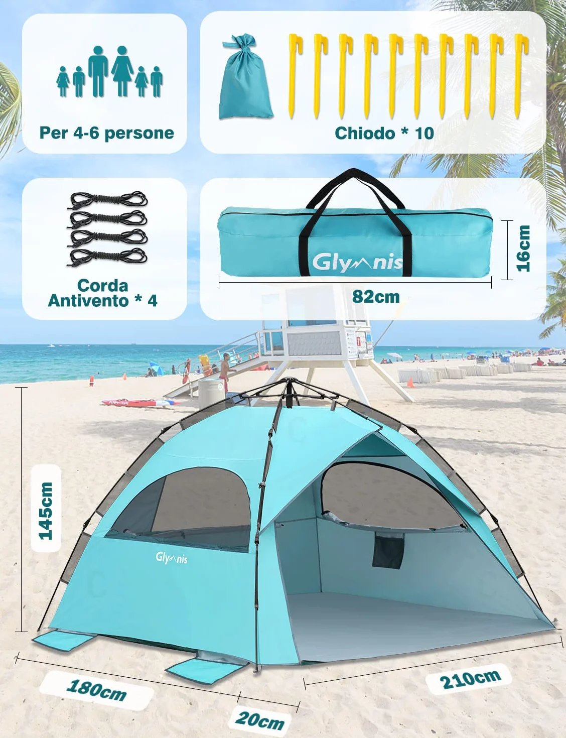 Tenda da Spiaggia Quick Up Familiare Automatica 210x200x145cm Protezione UV 50+ Antivento 4-6 Persone