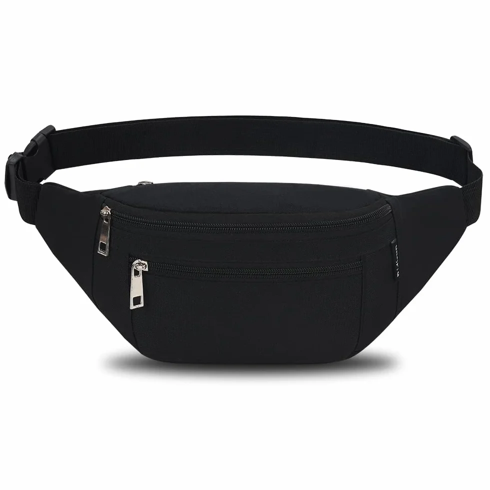 Marsupio Sportivo Uomo Donna Grande 4 Zip Tasche Cintura Regolabile Fibbia Sgancio Rapido Waist Bag Nylon Impermeabile Ciclismo Running Escursionismo Campeggio (Nero)
