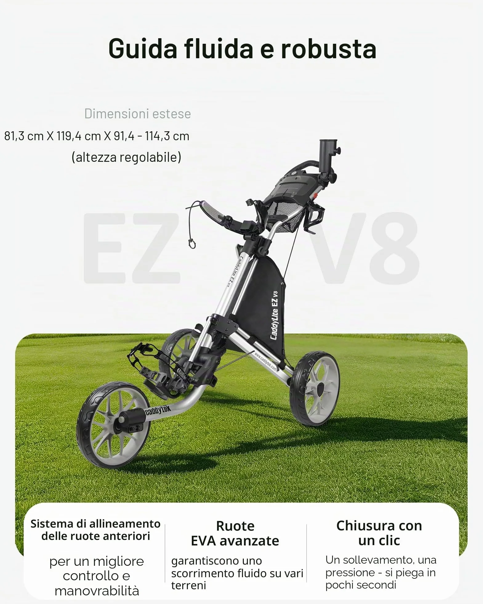 Caddytek CaddyLite EZ Fold versione 8, Carrello da golf pieghevole leggero a 3 ruote