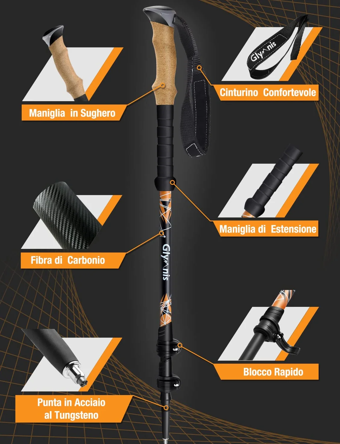 Bastoncini Da Trekking 3 Sezioni in Fibra Di Carbonio Ultraleggero Telescopico 65-135cm Con Sistema Di Blocco Rapido E Impugnatura in Sughero