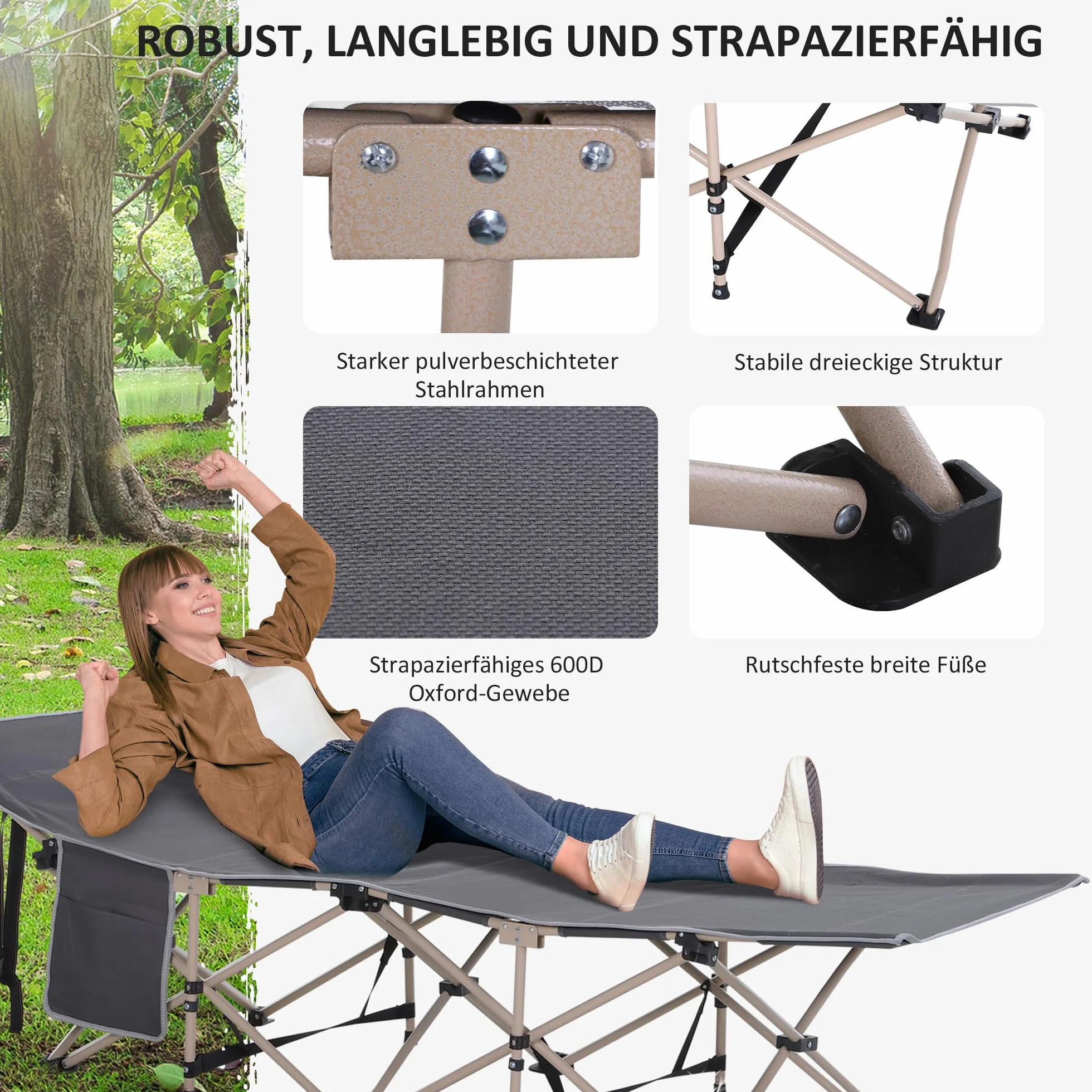 Outsunny Feldbett Campingbett mit Aufbewahrungstasche, Stahl Oxford 190x68x52 cm