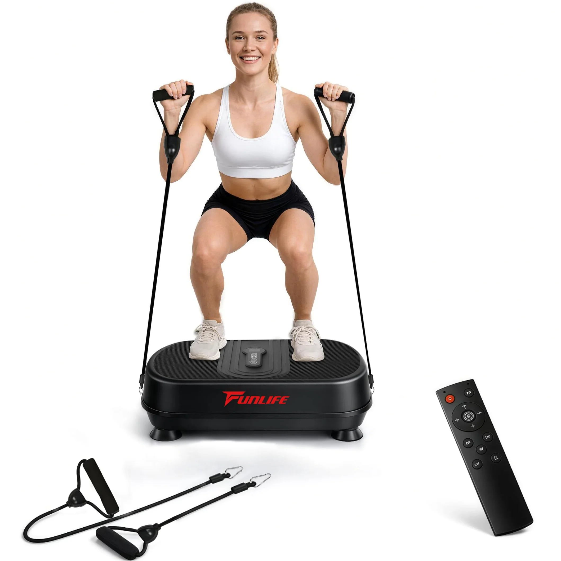 Funlife Piastra vibrante da 120 kg, 180 livelli, 5 programmi e manuale, Bluetooth e altoparlante, piastra fitness con corde per allenamento di tutto il corpo