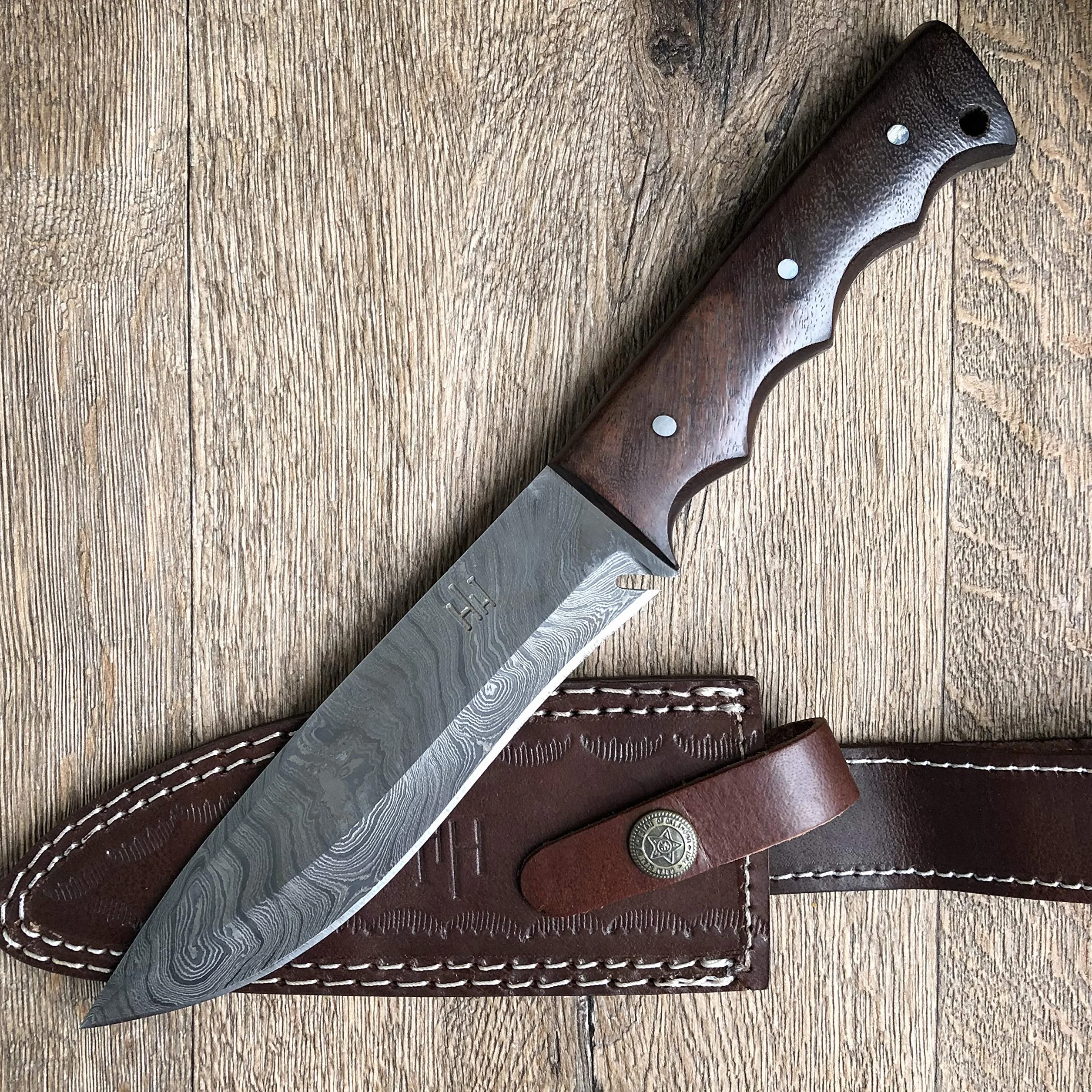 Hobby Hut HH-401, 11,5 Pollici Bushcraft Coltello in Acciaio Damasco | Coltello da Caccia, Manico in Legno di Noce | Fodero in Pelle | Lama affilata del Rasoio all'aperto