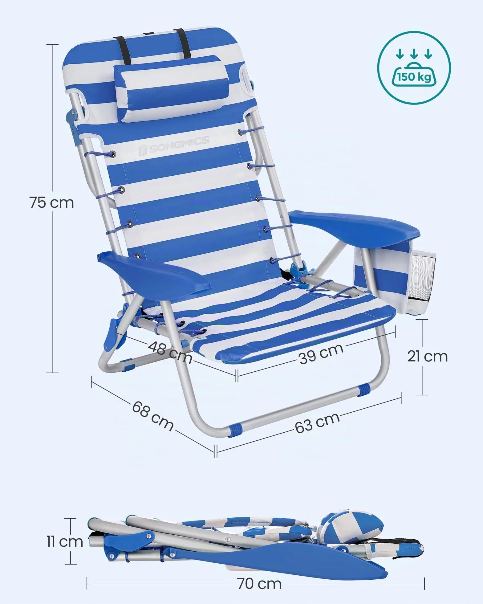 SONGMICS Sedia da spiaggia, sedia da campeggio pieghevole, con tracolla, schienale regolabile, poggiatesta, bracciolo, 2 tasche laterali, blu e bianco GCB62BU