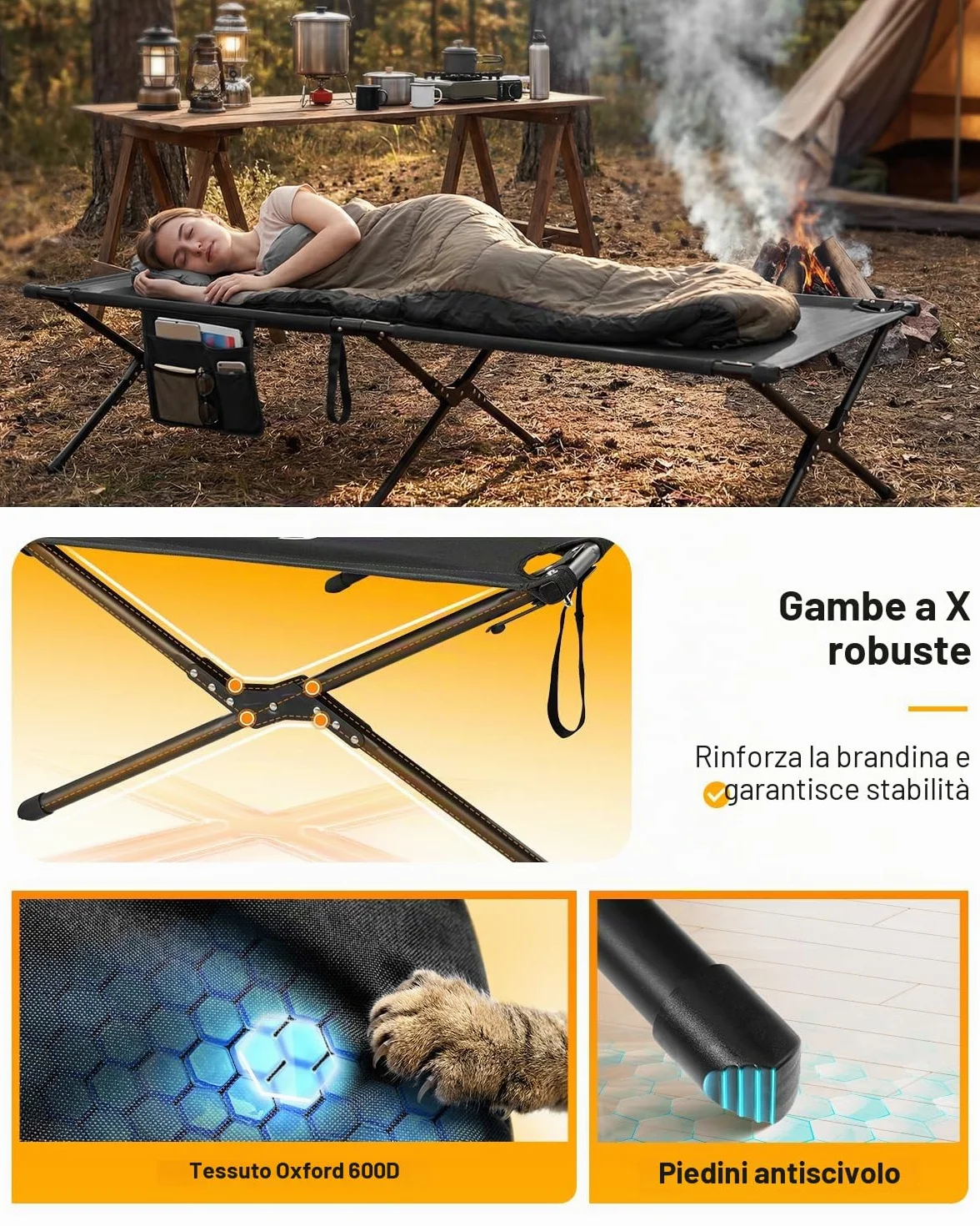 Sportneer Lettino da campeggio pieghevole portatile 198,9 x 72,9 x 37,1 cm per adulti