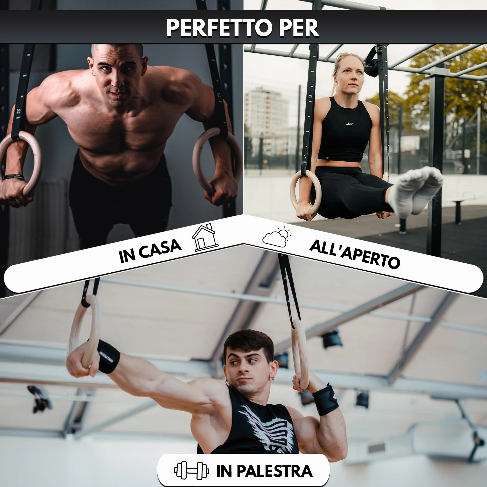GORNATION Anelli per Calisthenics in Legno, Anelli Olimpici da Ginnastica con Cinghie Regolabili e Sacca