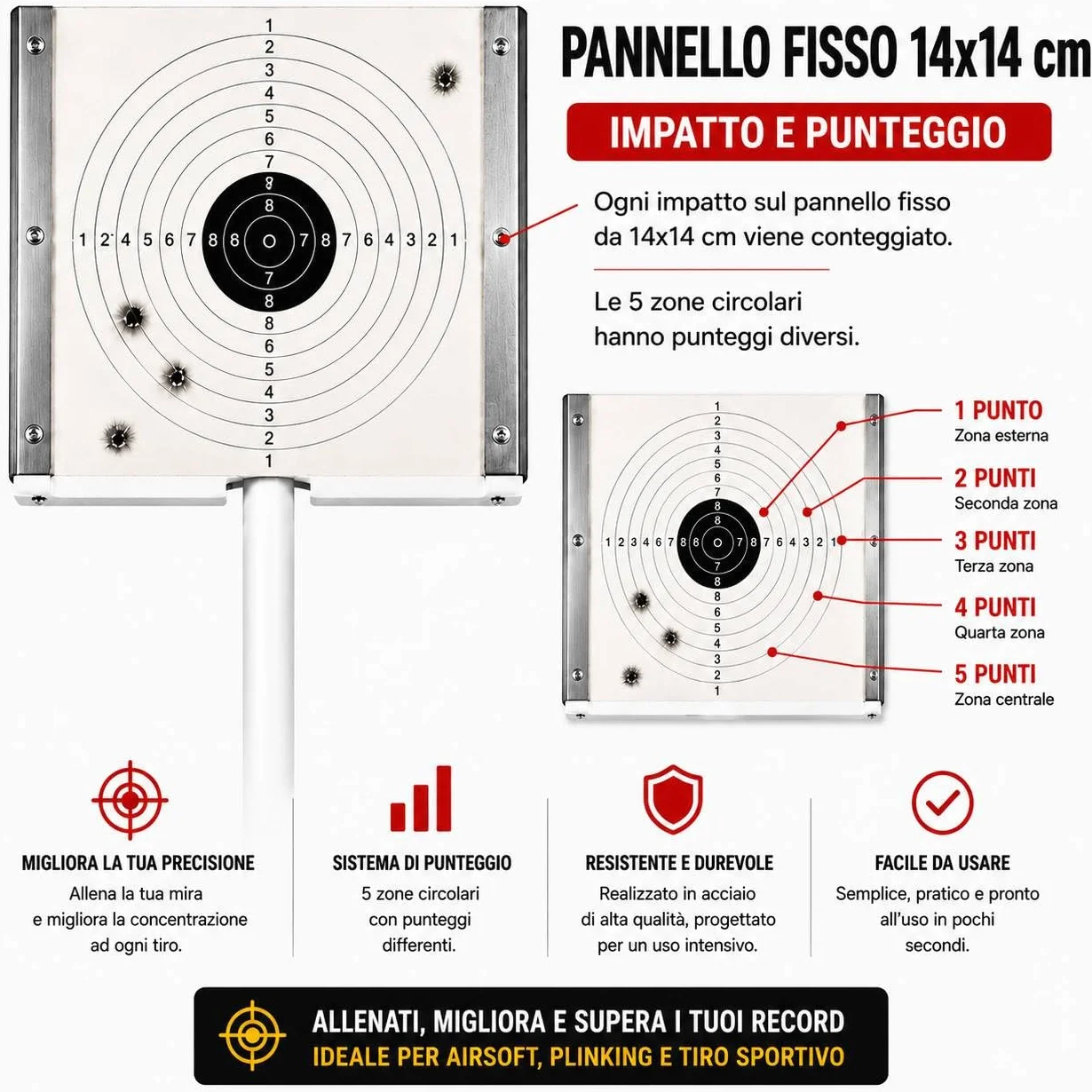 Bersaglio Metallico Mobile 8 Target Girevoli Pannello Fisso 14x14 cm Tiro Sportivo Aria Compressa Airsoft