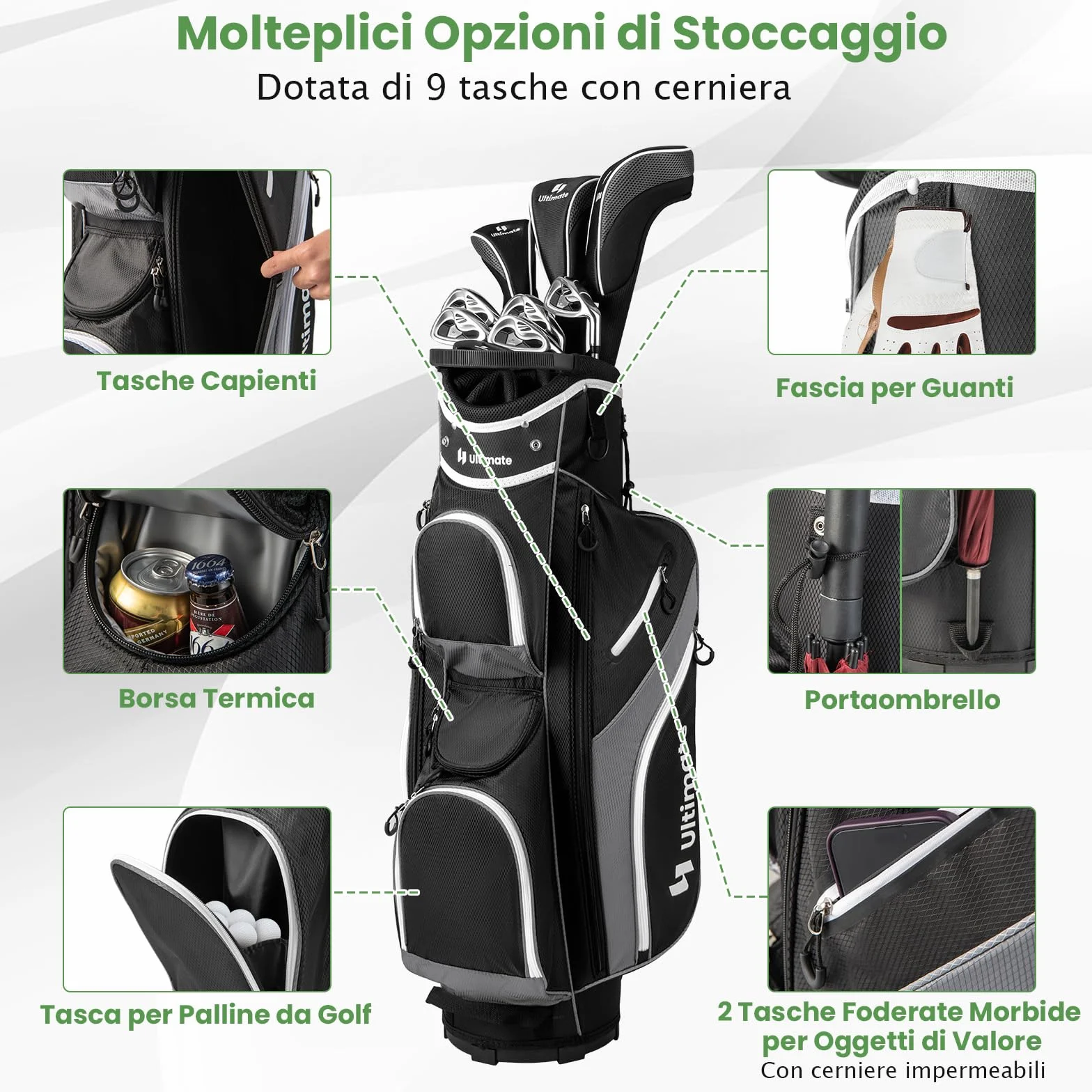 GYMAX Sacca da Golf per Carrello 14 Scomparti con Borsa Termica e Cappuccio Antipioggia