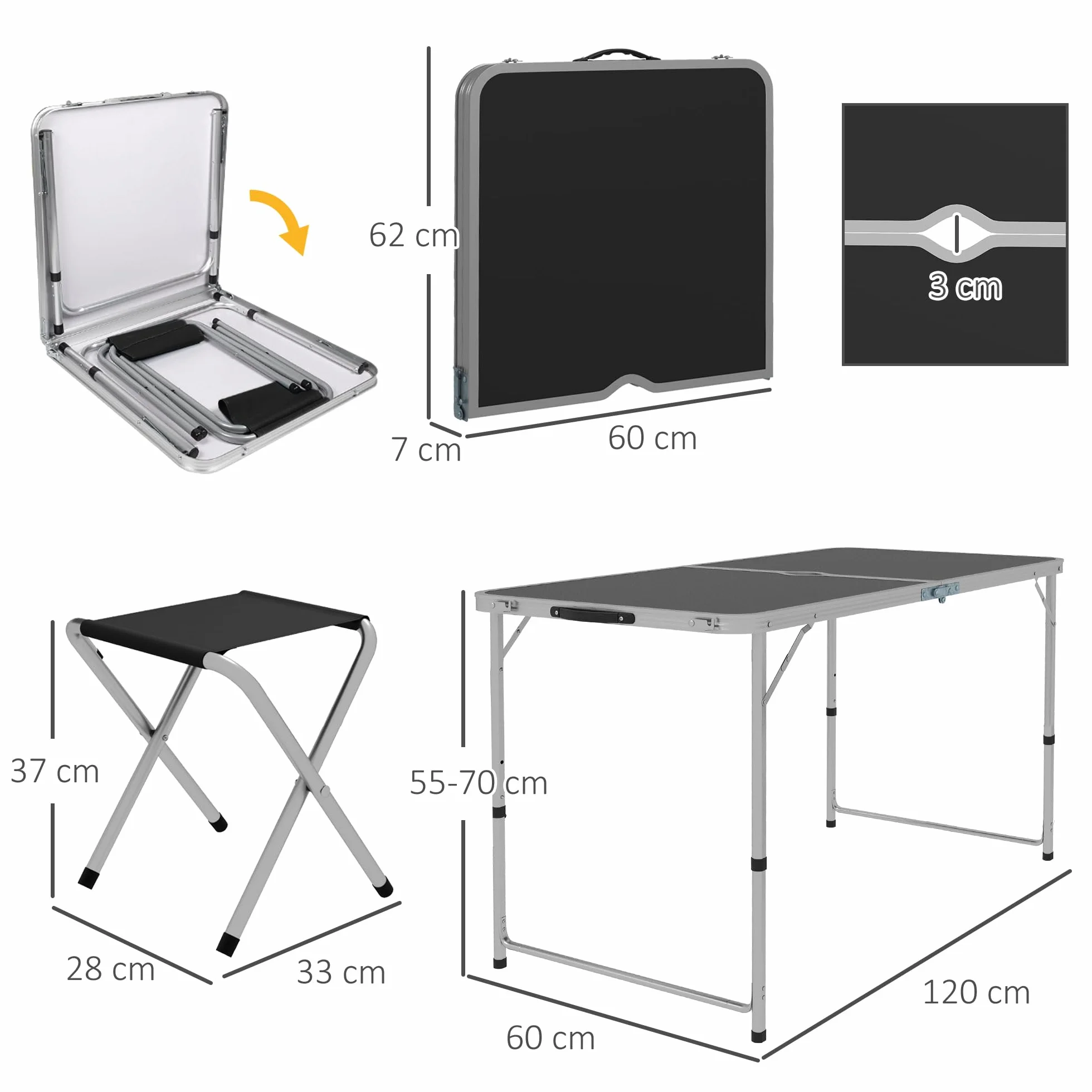 Outsunny 5-Piece Camping Set Tavolo da campeggio pieghevole con sedie regolabile in altezza 120x60x55-70 cm Nero