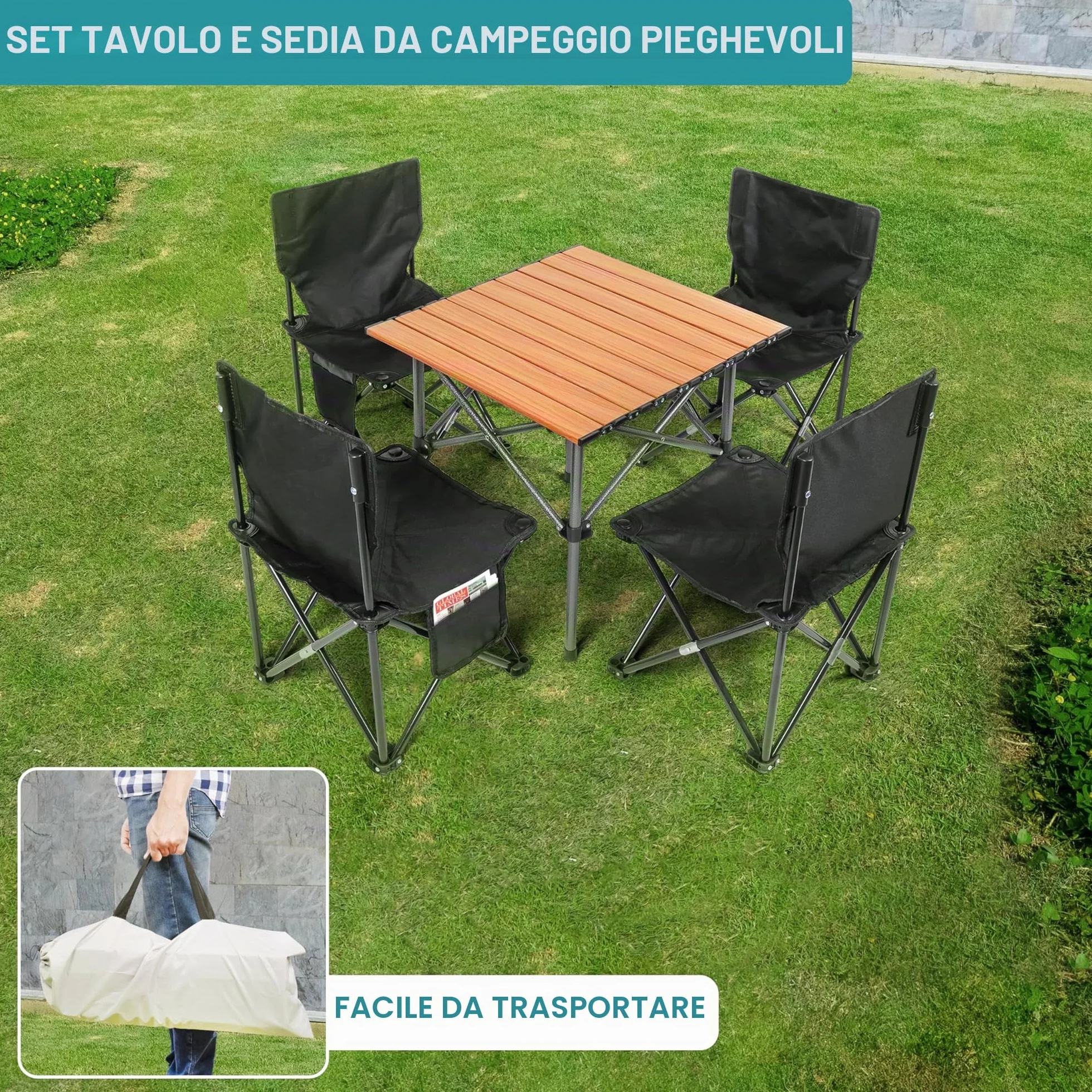 BELLE VOUS Set Campeggio 5 Pezzi Sedie e Tavolo Neri Pieghevoli Portatili per Esterno Interno Picnic Barbecue