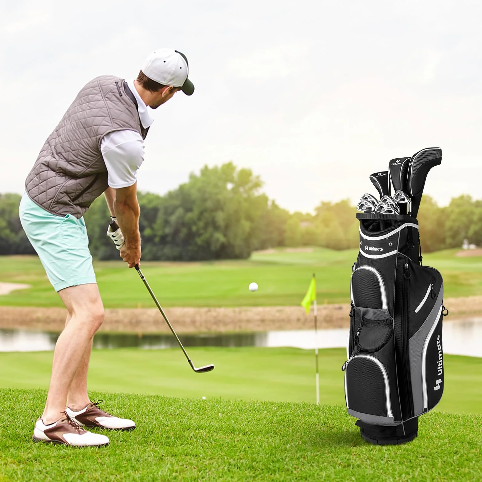 GYMAX Sacca da Golf per Carrello 14 Scomparti con Borsa Termica e Cappuccio Antipioggia