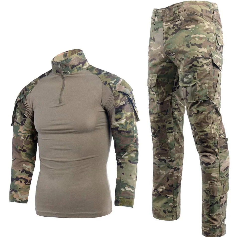 Completo tattico da uomo con camicia e pantaloni a maniche lunghe, antistrappo, uniforme militare in tessuto Multicam per la caccia e il softair