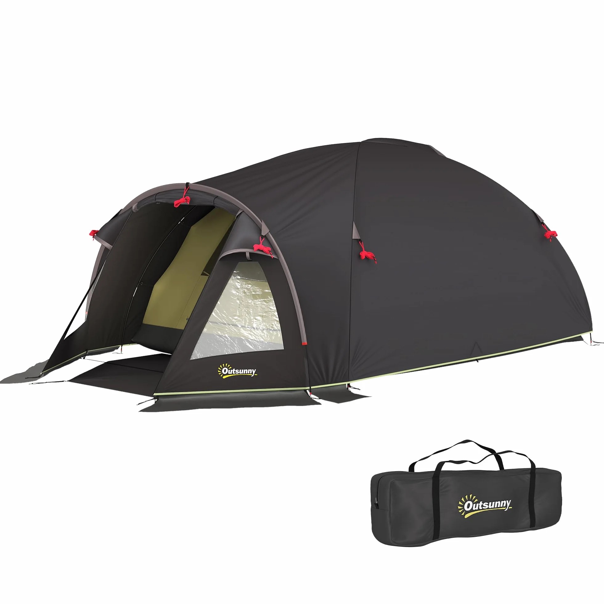 Outsunny Tenda da Campeggio a Tunnel per 2 Persone 2 Stanze Impermeabile 3000mm 330x190x120 cm Nero