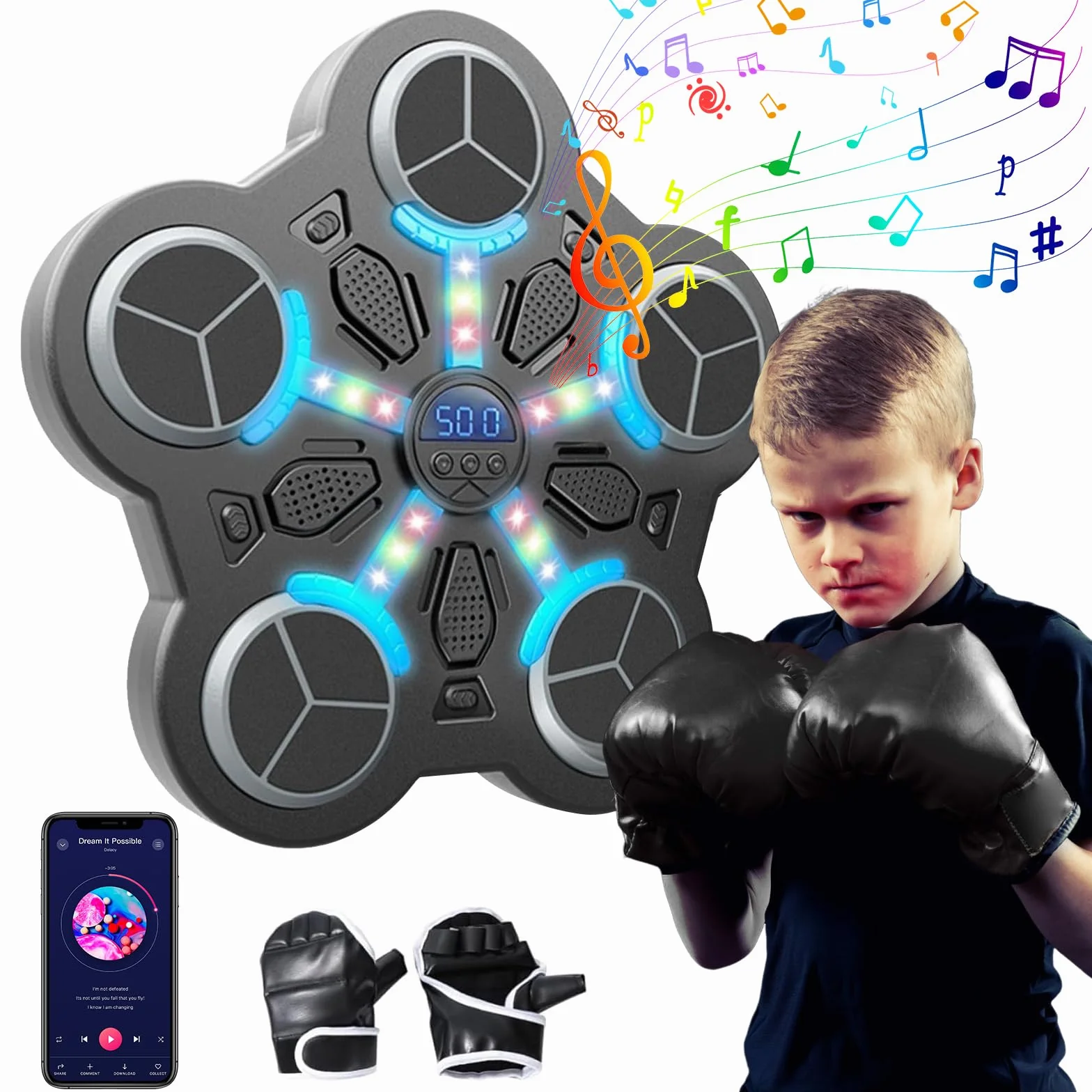 Eznaobo Macchina da boxe musicale, da parete, con guantoni da boxe, 3 velocità e luce LED, Bluetooth Smart Music Boxing Machine, macchina da boxe per bambini e adulti