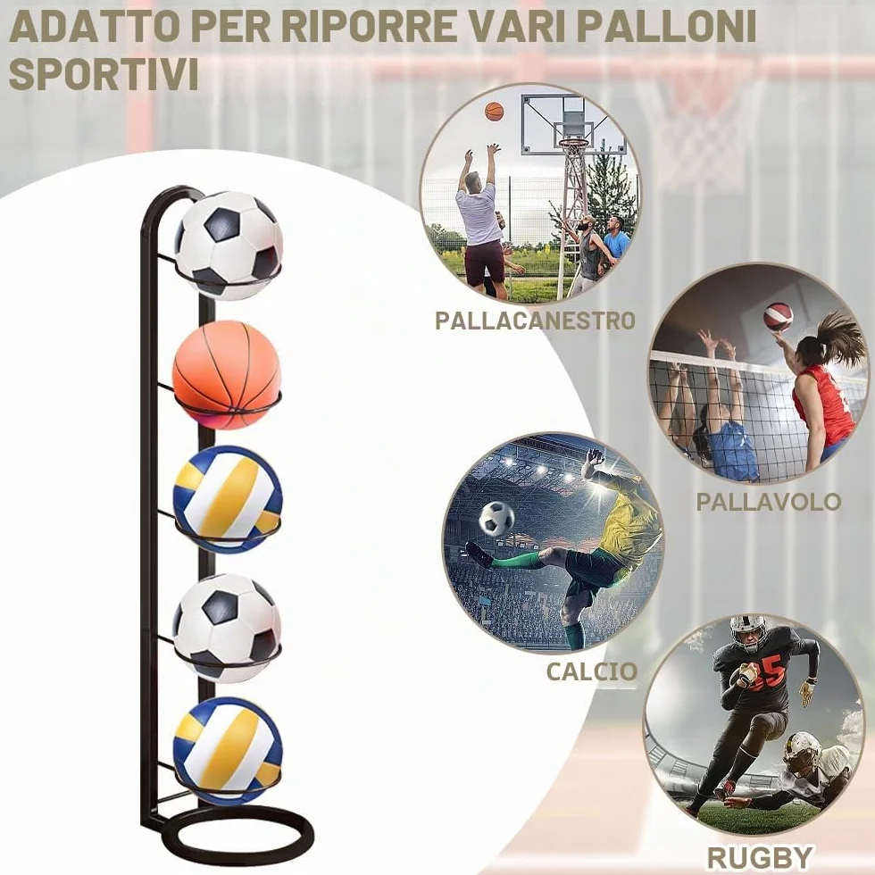 Kleemeiero Rastrelliera per Palloni Verticale 5 Livelli Porta Pallone da Calcio Basket Pallavolo, Nero