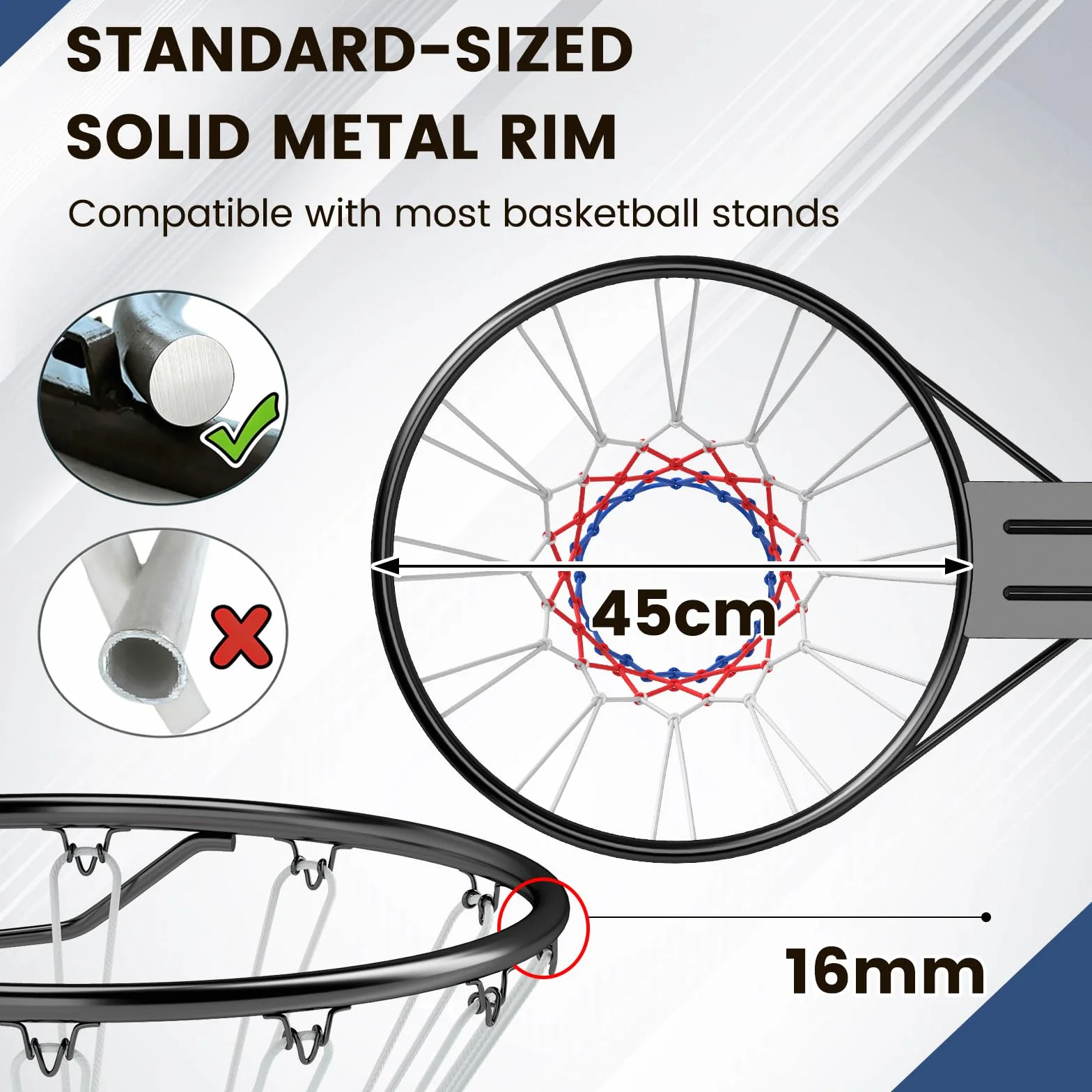 LIFEZEAL Canestro da basket da parete Ø 45 cm, anello con supporto e rete, metallo per interni ed esterni