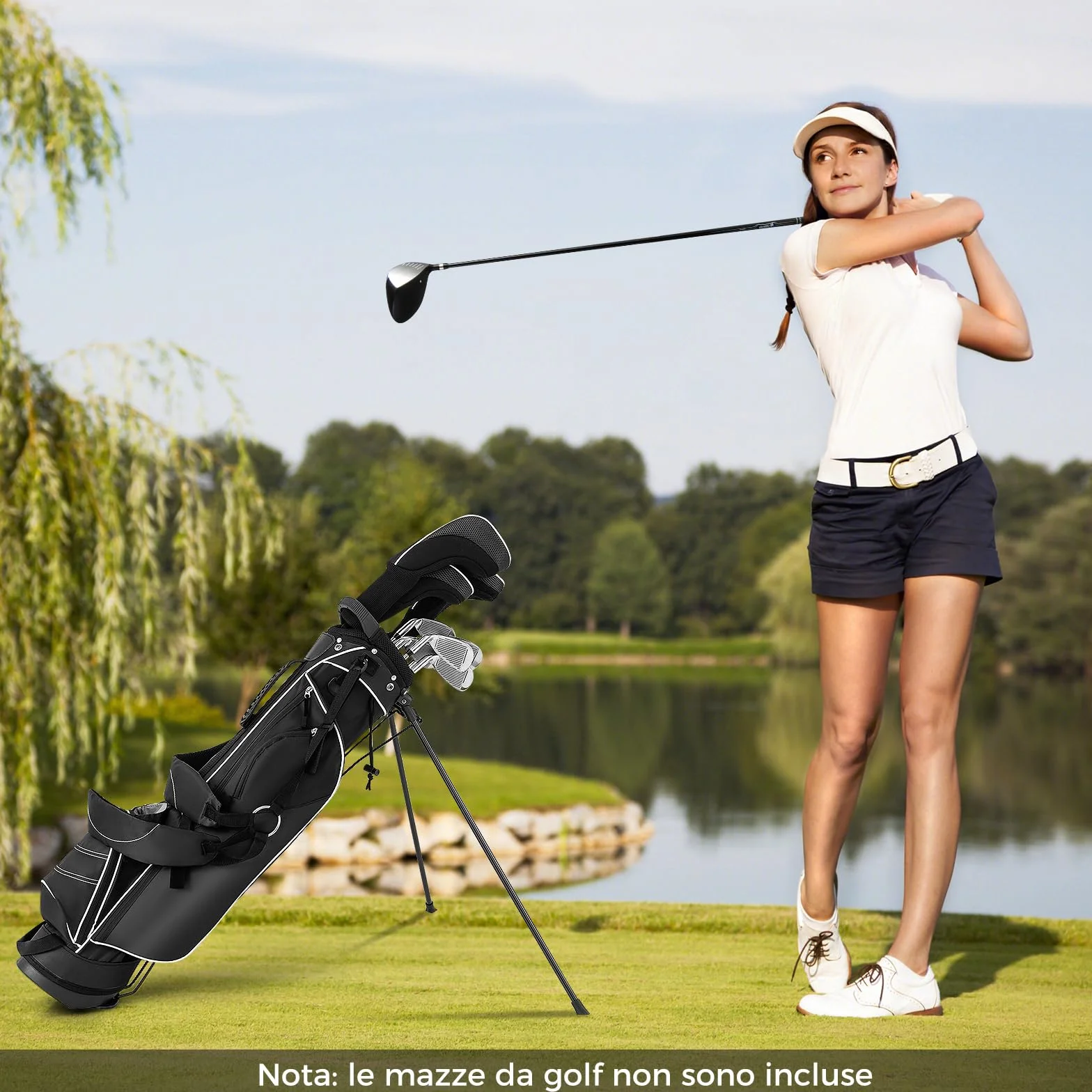 COSTWAY Sacca da Golf con Supporto, Borsa a 4 Scomparti con 4 Tasche, Borsa Frigo, Tracolla Doppia, Cappuccio Antipioggia