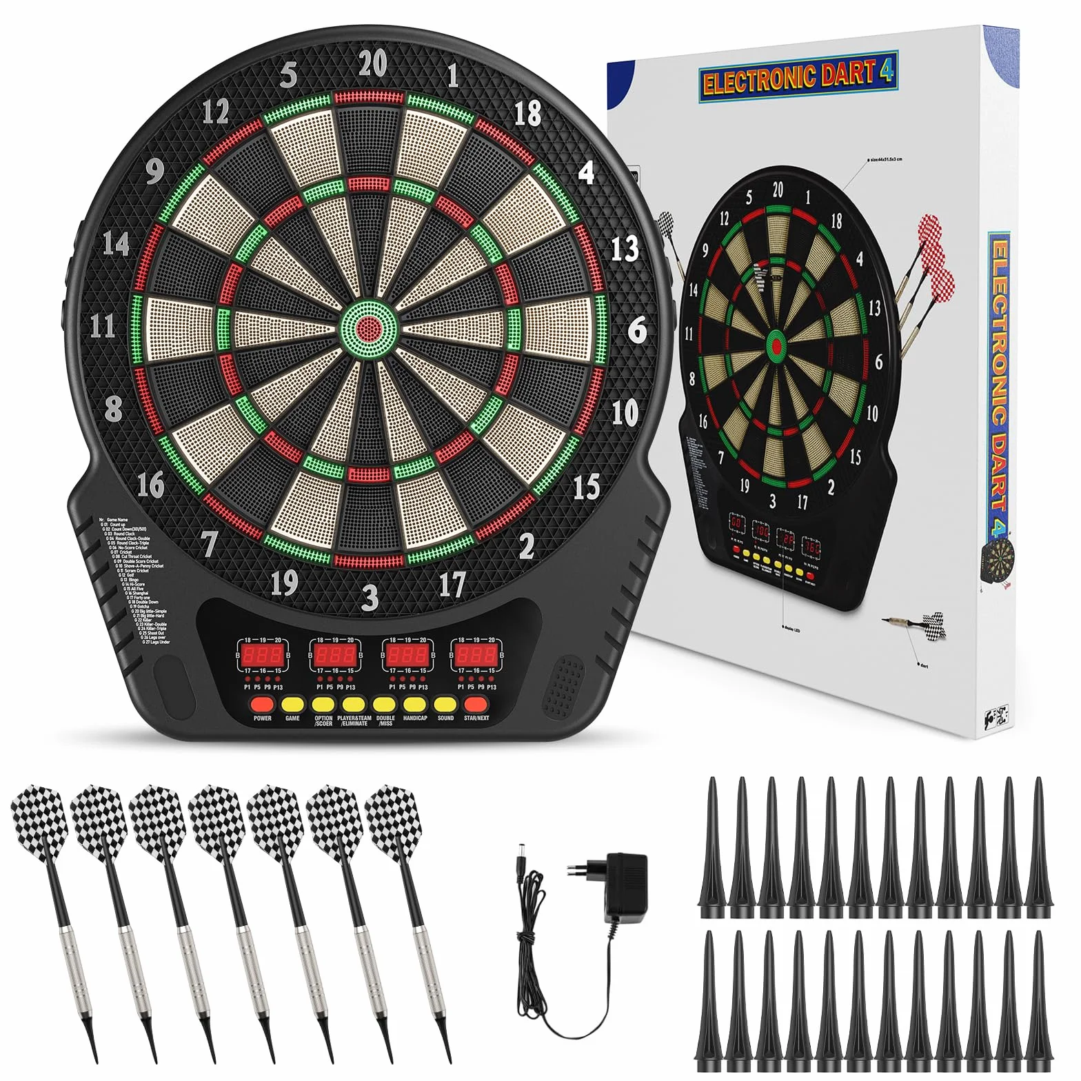 Bersaglio Elettronico Professionale con 6 Freccette con 4 Schermo LCD, Bersaglio Freccette Elettronico offre 27 Giochi e 243 Modi, Rendendolo per Amici, Famiglia, Ufficio e Feste al Pub.