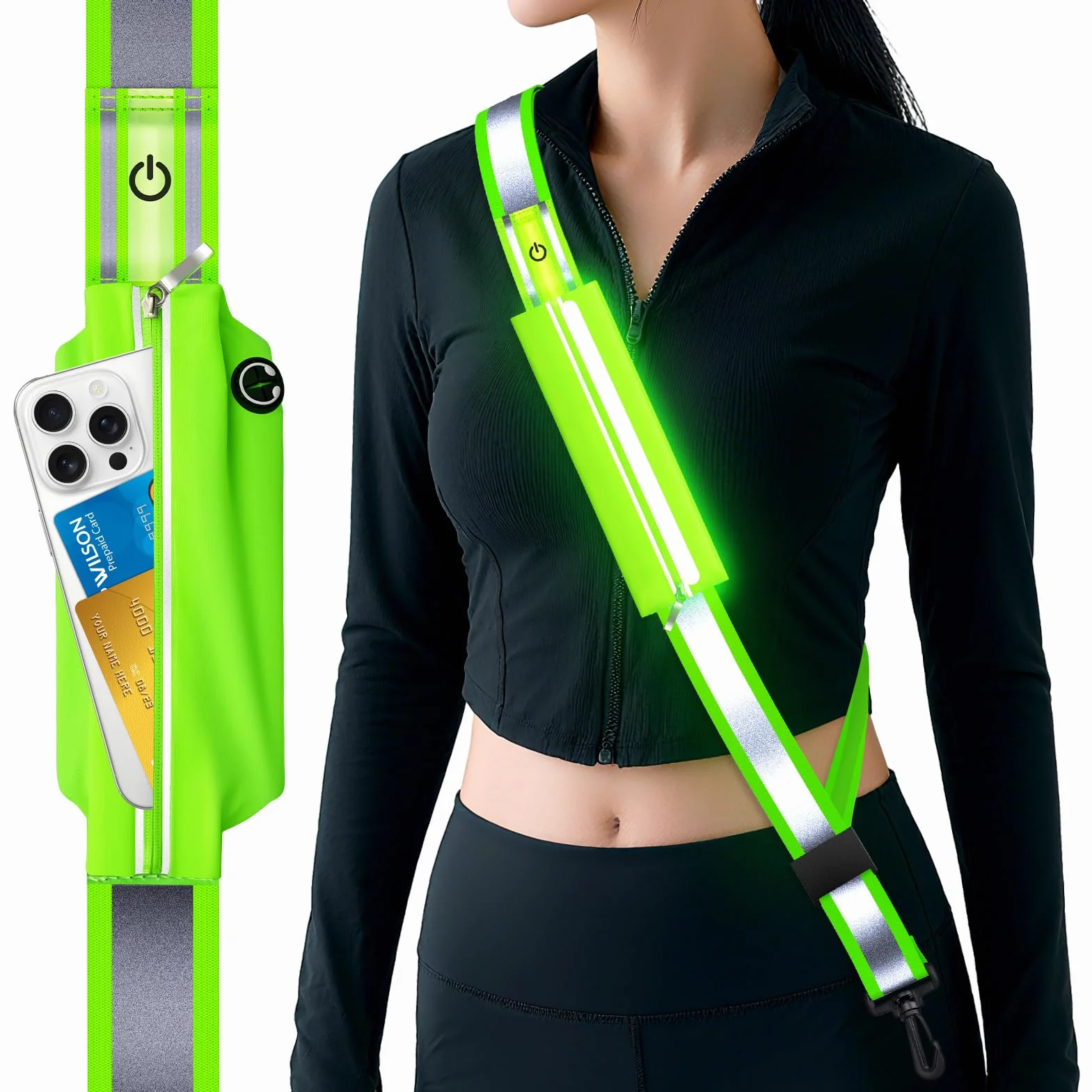 Cintura Riflettente a LED Ricaricabile Impermeabile con Tasca per Cellulare per Running