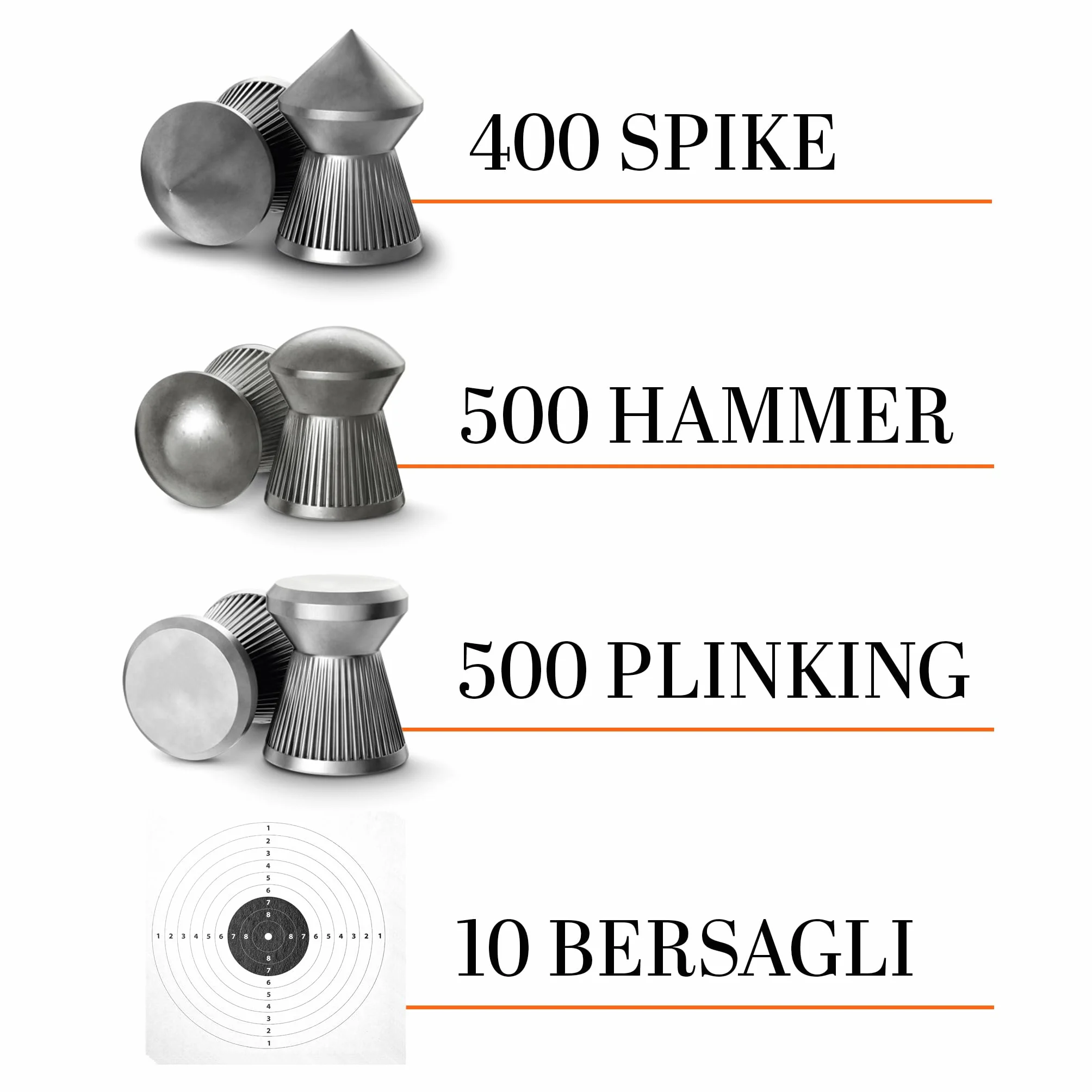 Kit Piombini Softair Cal. 4.5 - Set 3 Scatole HN Hammer, Spike, Plinking + 10 Bersagli 14x14 cm - Pallini Piombo per Carabina e Pistola Aria Compressa, Ideale per Tiro a Segno Sportivo