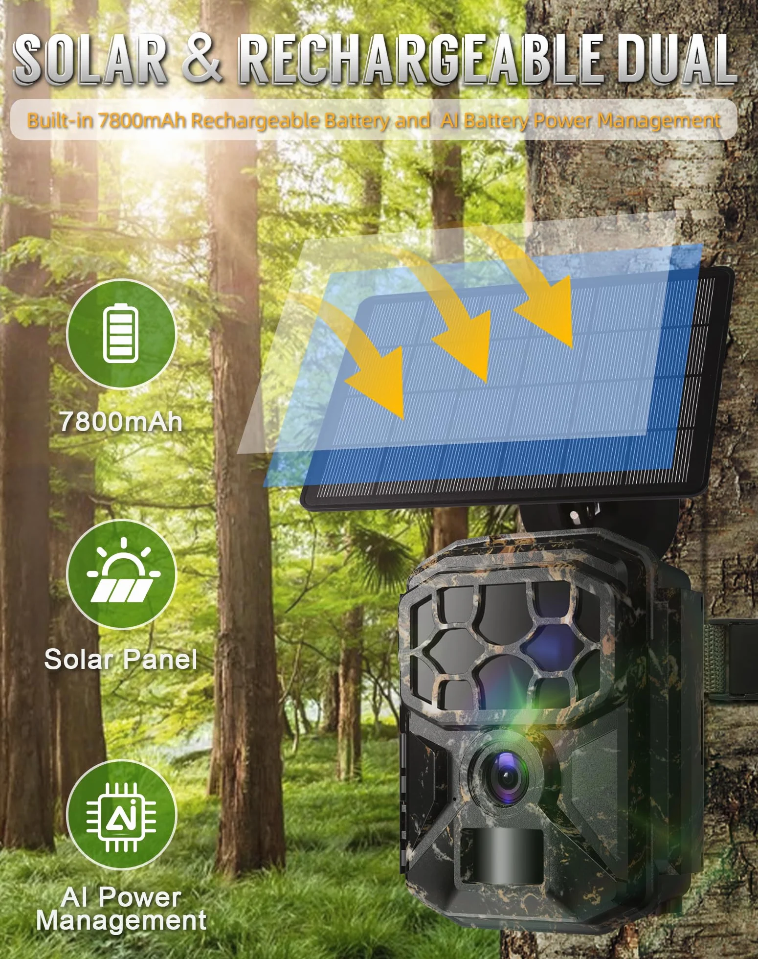 Fototrappola Solare 8K 60MP WiFi IP66, Rilevamento Movimento 20m, Visione Notturna HD