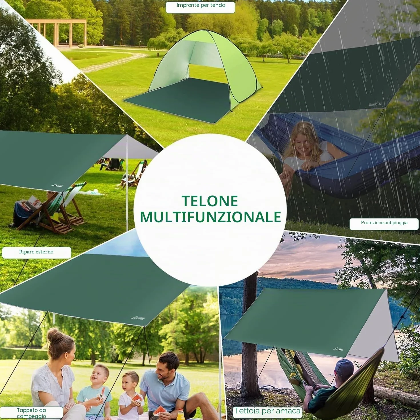 WADEO Kit Telo Copertura con Pali, [3x3M] Impermeabile e Resistente, Protezione UV, Telo da Sole e Pioggia per Shelter, Ideale per Campeggio, Picnic, Spiaggia, Festival, Giardino