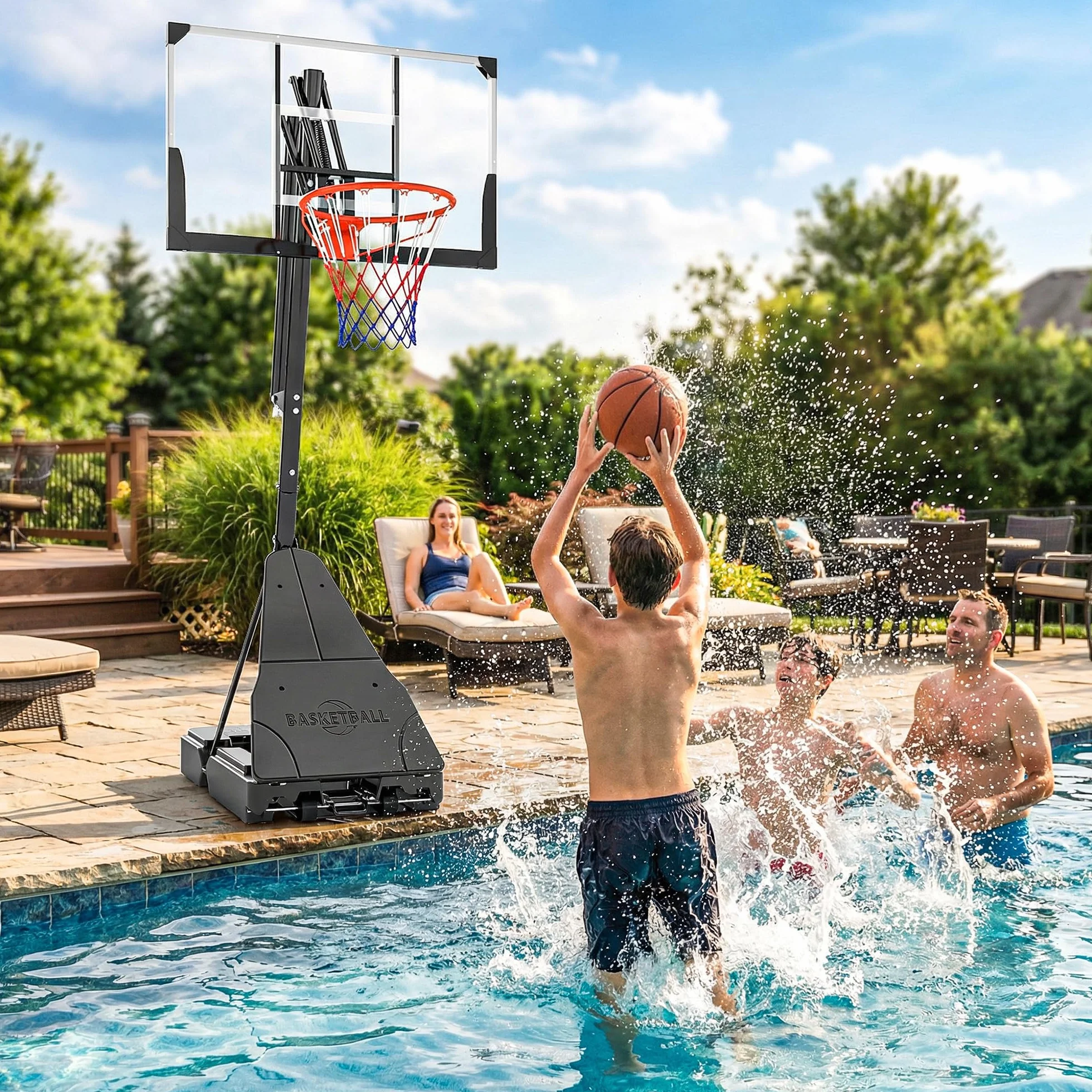 SPORTNOW Canestro Basket Regolabile per Adulti Altezza 2.45-3.05 m, Base Riempibile, Tabellone Antishock, Nero