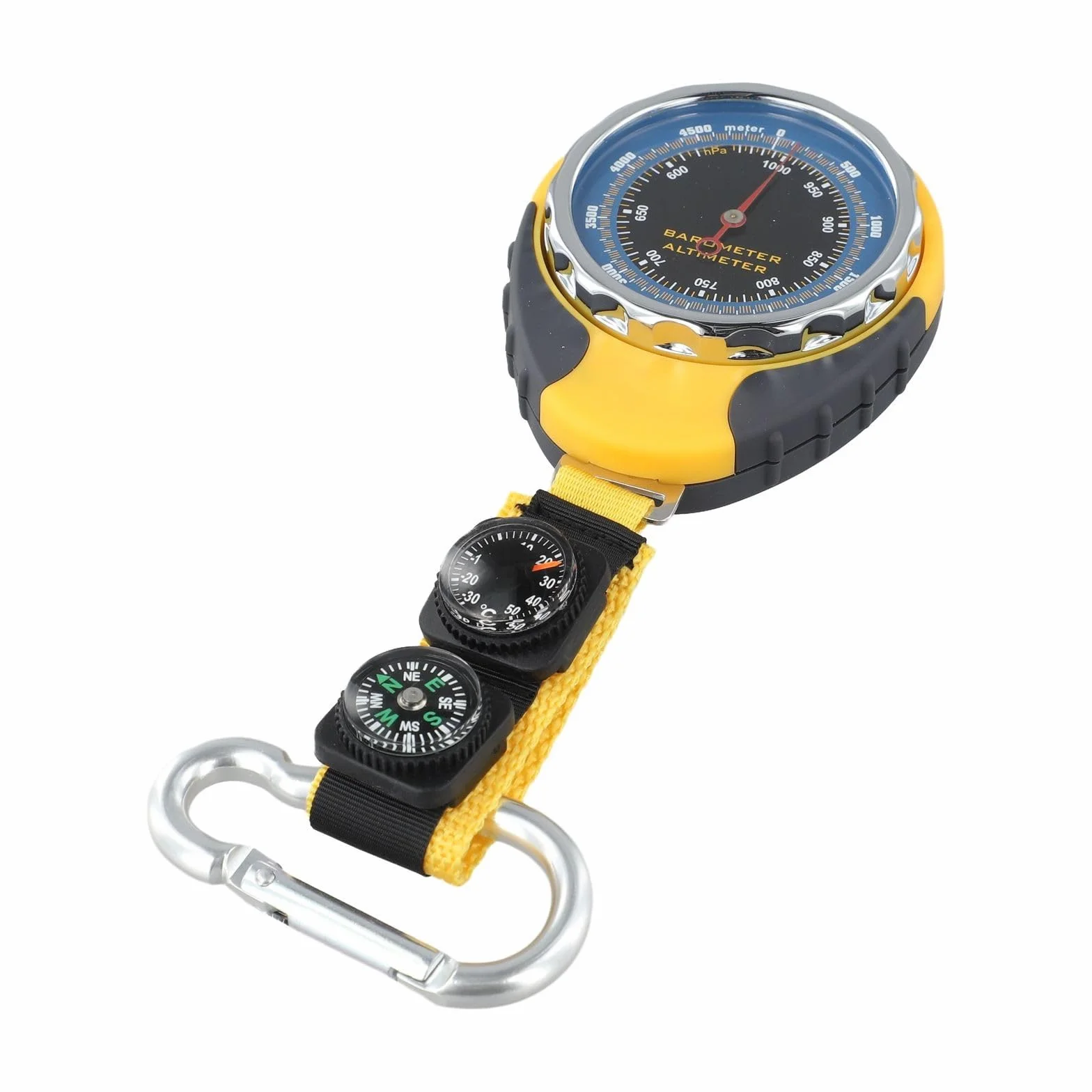 Altimetro 4 in 1 da esterno con barometro, termometro, bussola, portatile per misurazione meteo e altitudine, giallo