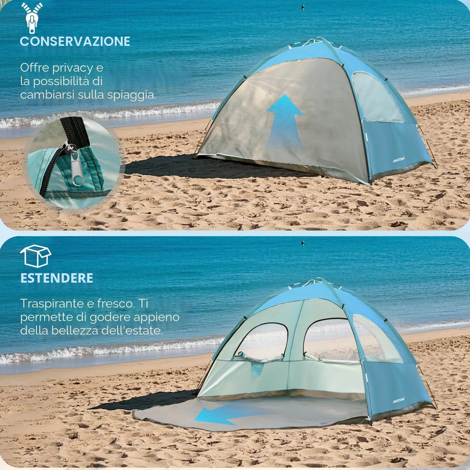 JAICOM Tenda da spiaggia 2-3 persone protezione UV UPF 50+