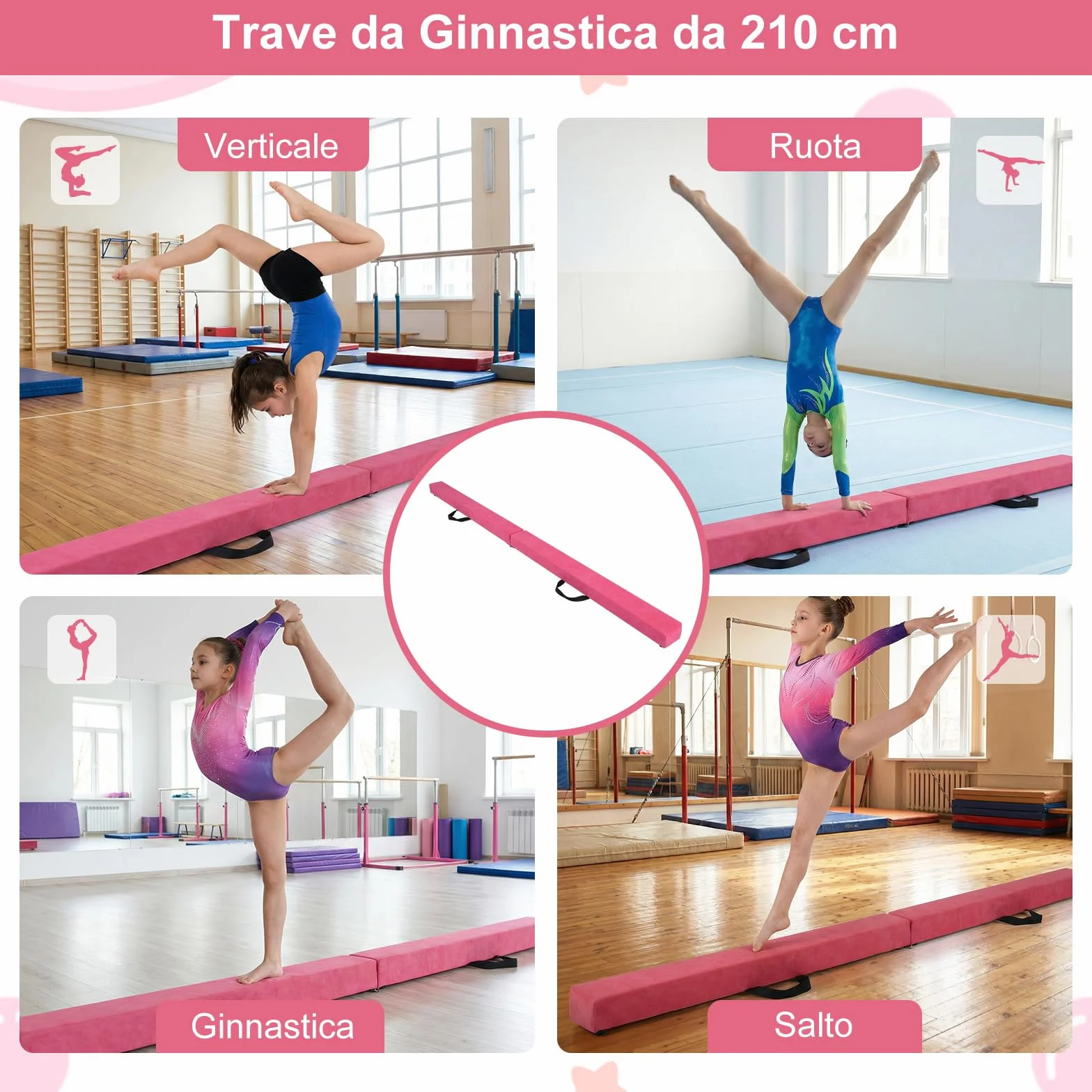 COSTWAY Trave Ginnastica Artistica Pieghevole per Bambini 210-270 cm, Base in Legno Antiscivolo
