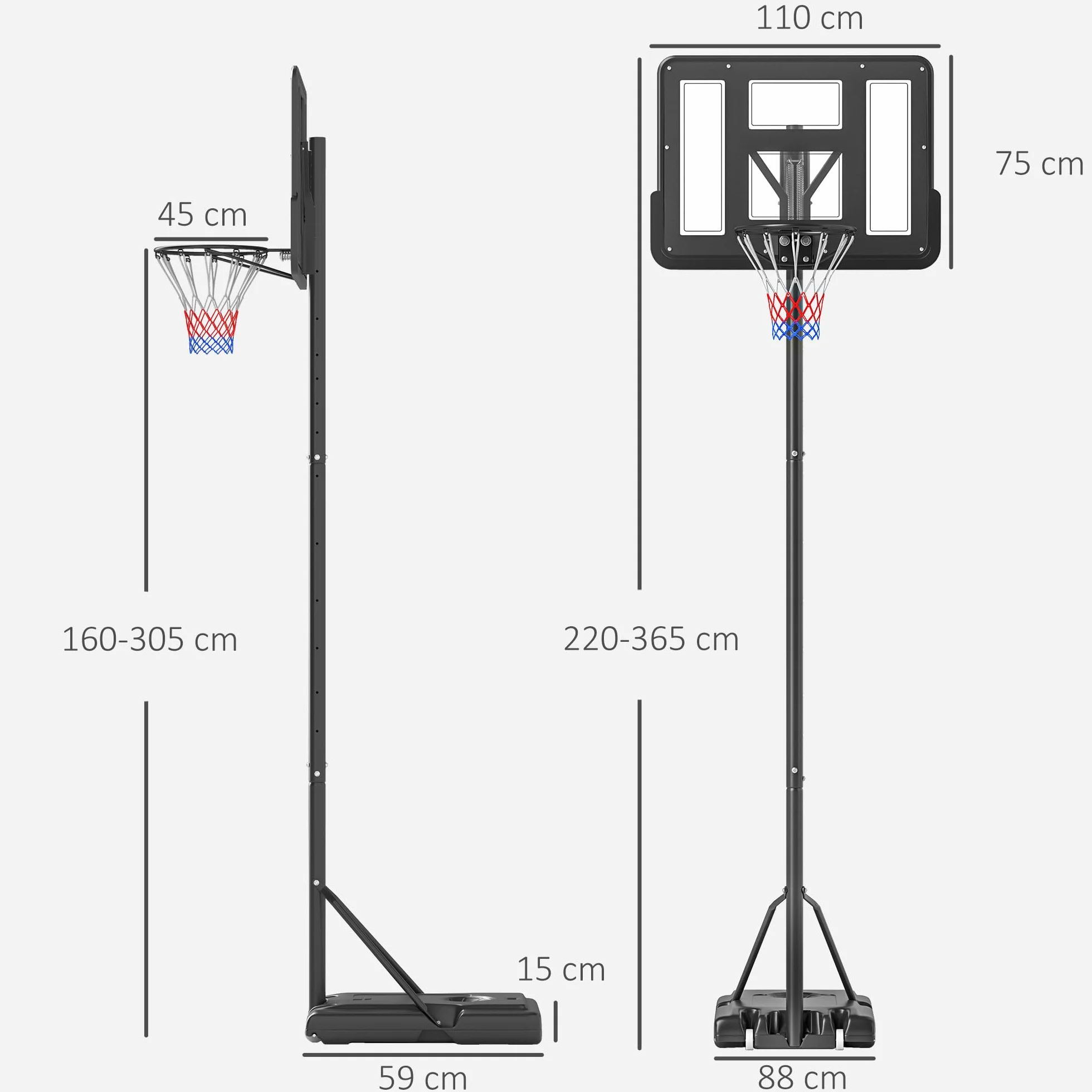 HOMCOM Canestro Basket Altezza Regolabile 160-305cm, Base con Ruote, Tabellone in PVC Trasparente