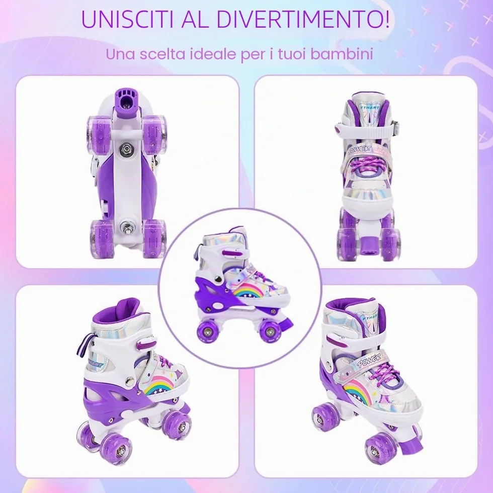 Pattini a rotelle per bambini ragazze ragazzi principianti, 4 misure regolabili per bambina e bambino con ruote luminose, pattini a rotelle Viola Arcobaleno per lo sport