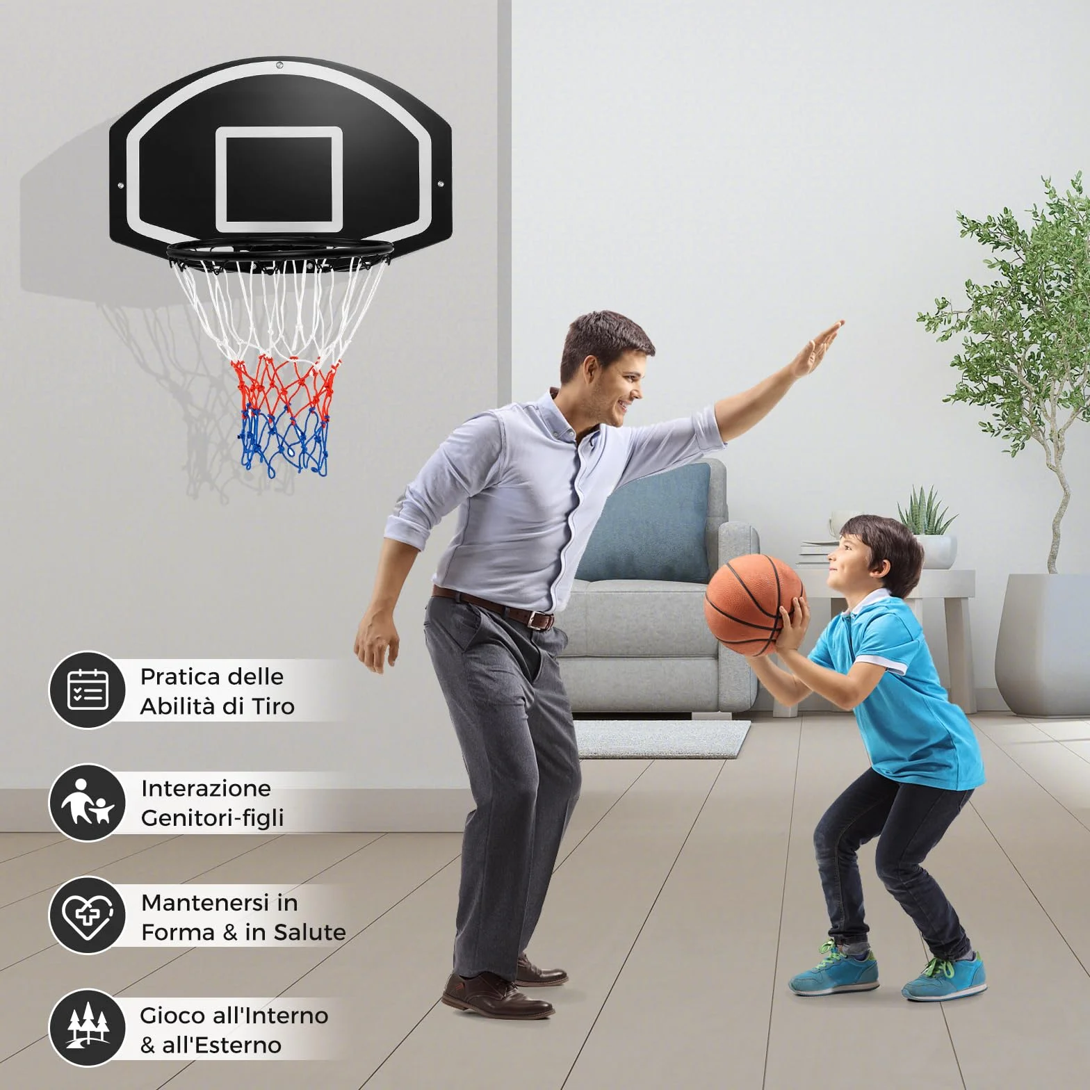 COSTWAY Tabellone Basket da Muro per Bambini e Adulti, Canestro da Parete 72x45,5 cm con Rete Anti-vento