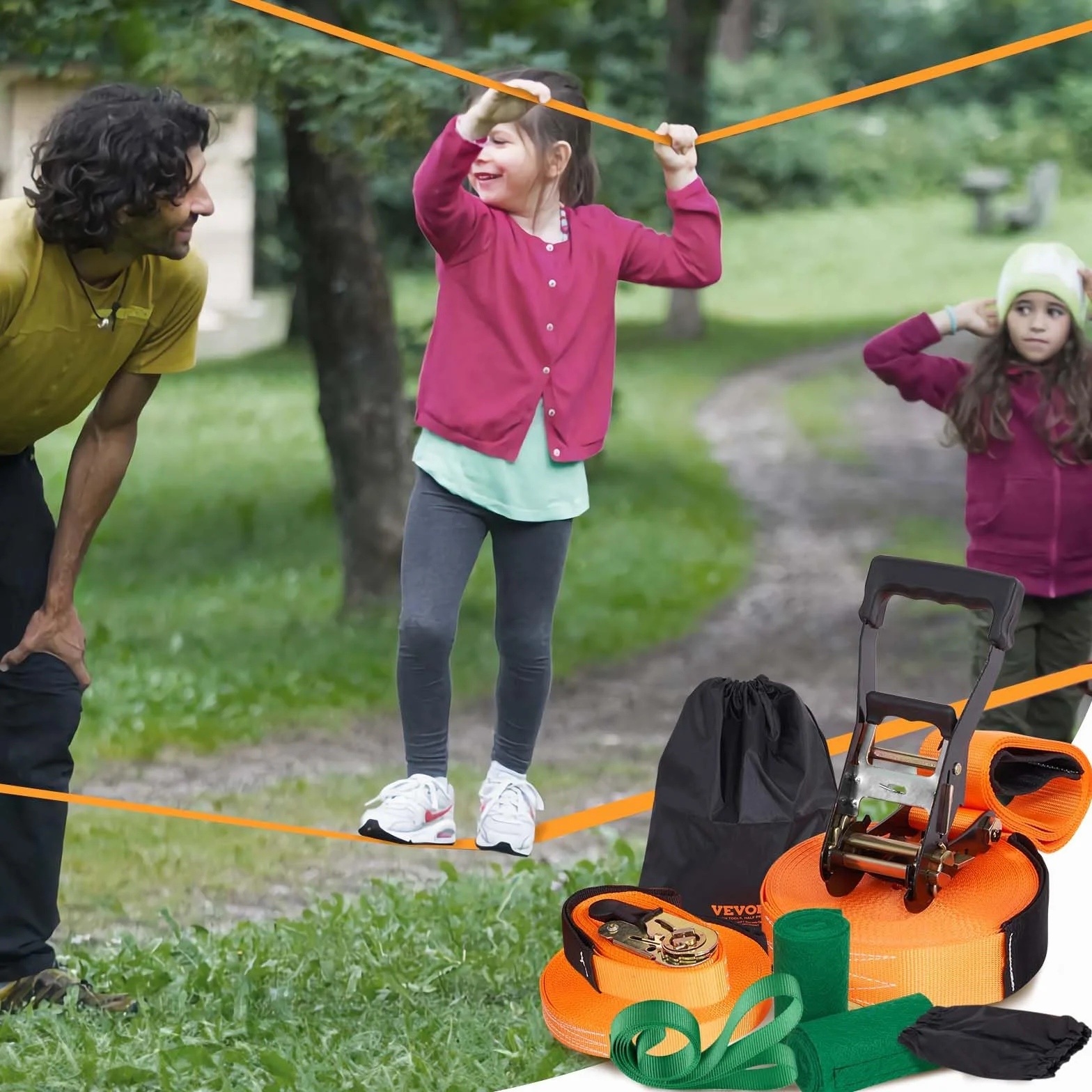 VEVOR Kit Slackline con Linea di Allenamento 18,3m x 5cm, Attrezzatura da Giardino, Set con Protezioni per Alberi