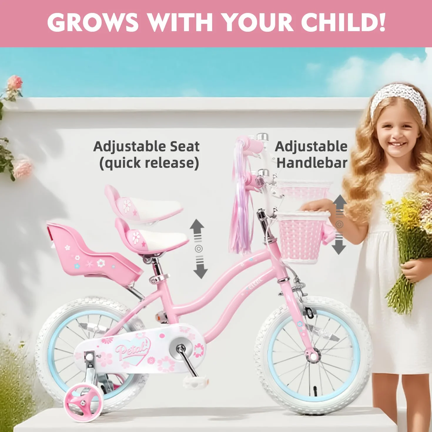 Bicicletta per Bambini 12 Pollici, Stile Principessa con Cestino e Rotelle di Supporto, Rosa