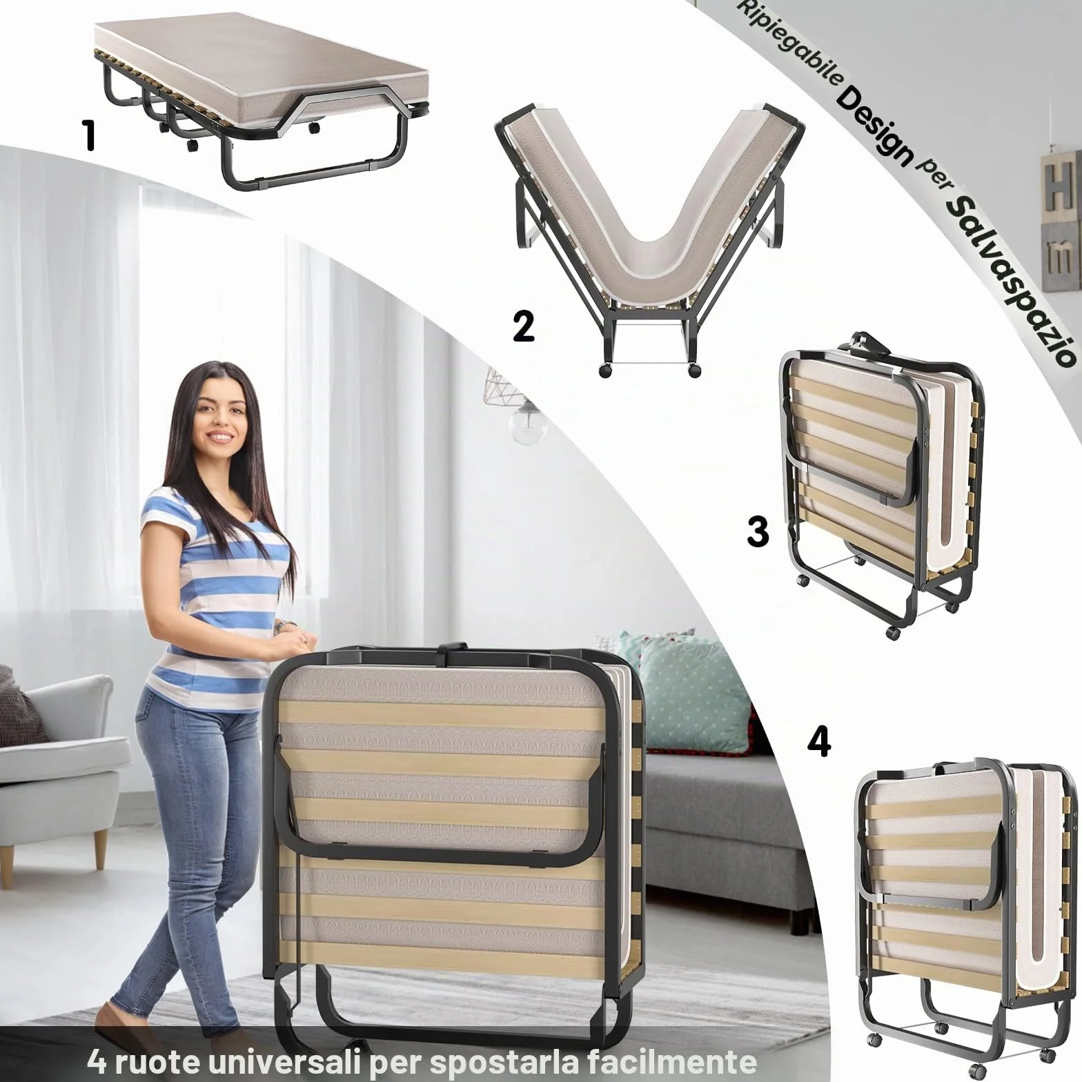 GIANTEX Letto Singolo Pieghevole 90 x 200 cm Portata 120 kg con Ruote Materasso 10 cm