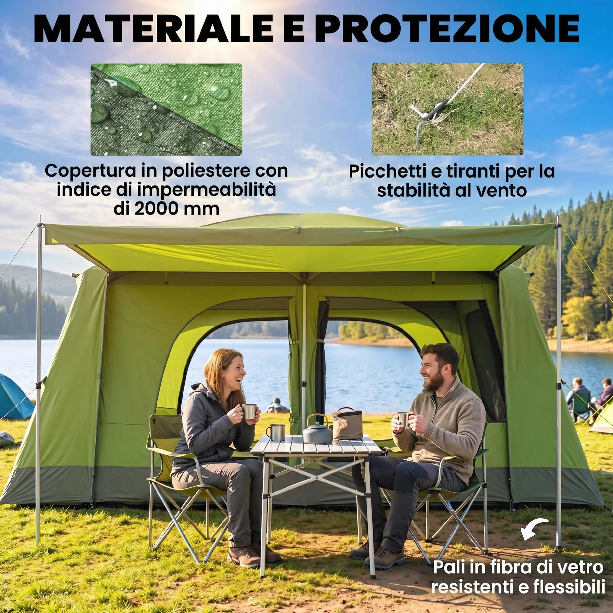 Outsunny Tenda da Campeggio a Tunnel 4 Persone 2 Stanze Impermeabile 3000mm 405x305x225cm Verde