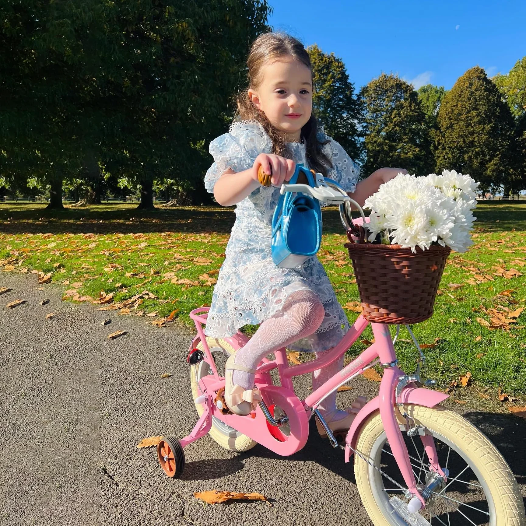Bicicletta per bambini 12-18 pollici con cestino e ruote stabilizzatrici verde e rosa
