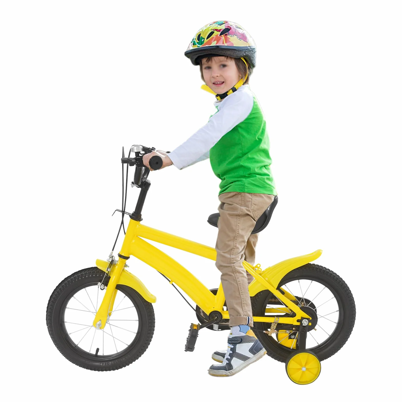 Bicicletta per bambini 14 pollici con ruote di supporto e parafanghi, freno doppio, altezza regolabile 43-49 cm