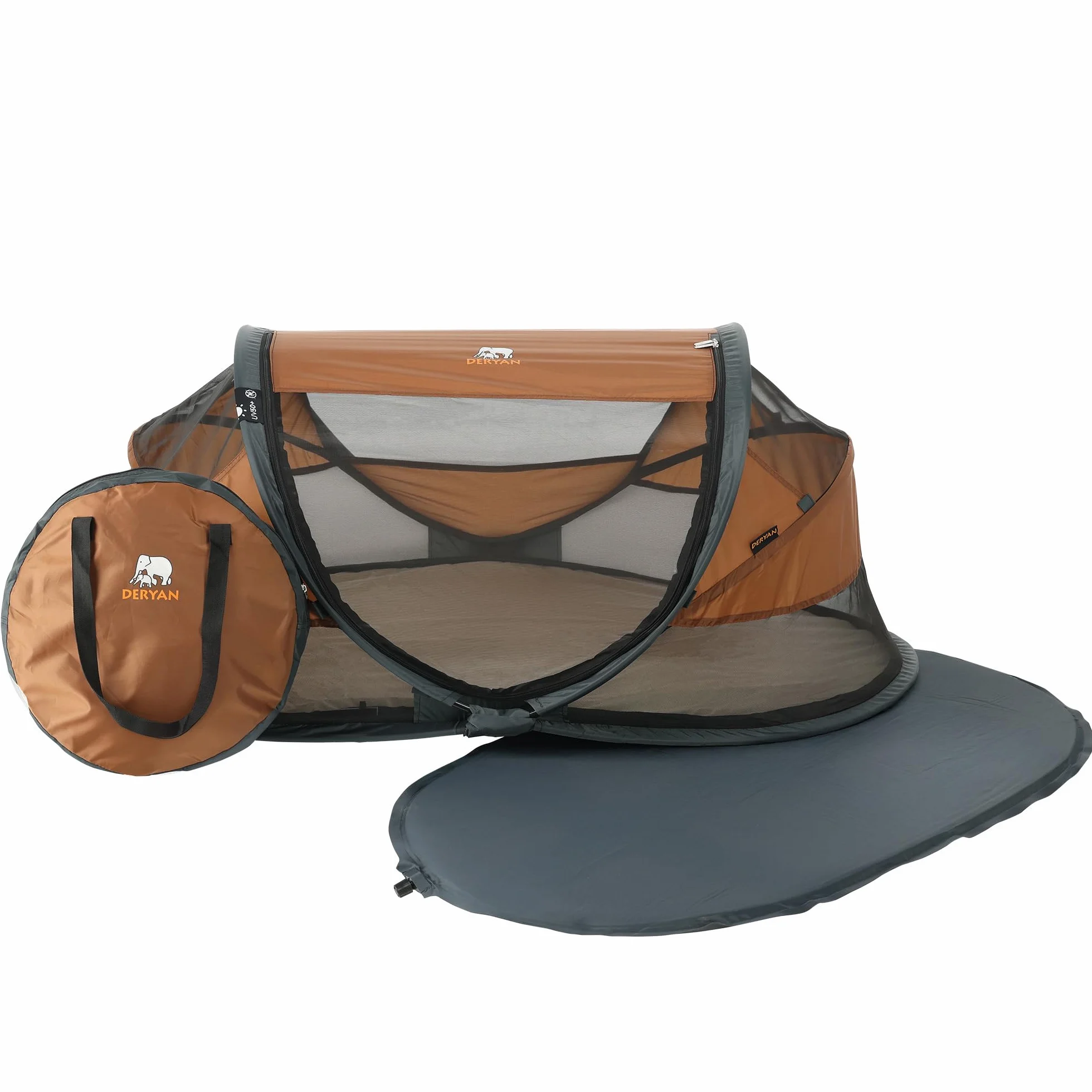 Deryan Lettino neonato da viaggio pieghevole con materasso, 0-2.5 anni, Lettino da campeggio, Le pareti realizzate in rete, Letto Pieghevole 120x75cm, Borsa da Trasporto, Protezione Insetti, Caramello