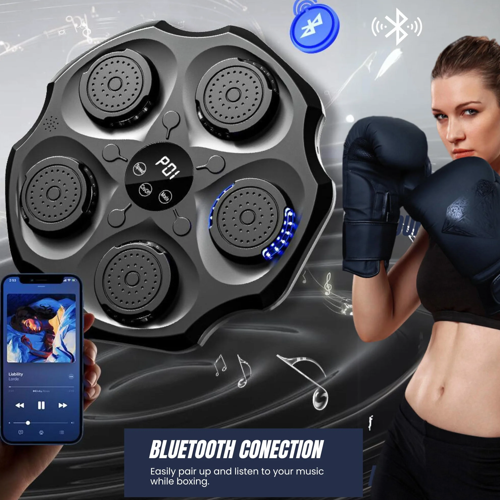 Macchina da Boxe Musicale, Attrezzatura da Allenamento per Boxe a Parete In PU con Guantoni da Boxe, Pad da Boxe a LED, Bluetooth, Luci al Ritmo Della Musica. (2 mode, 43x43x5 cm)
