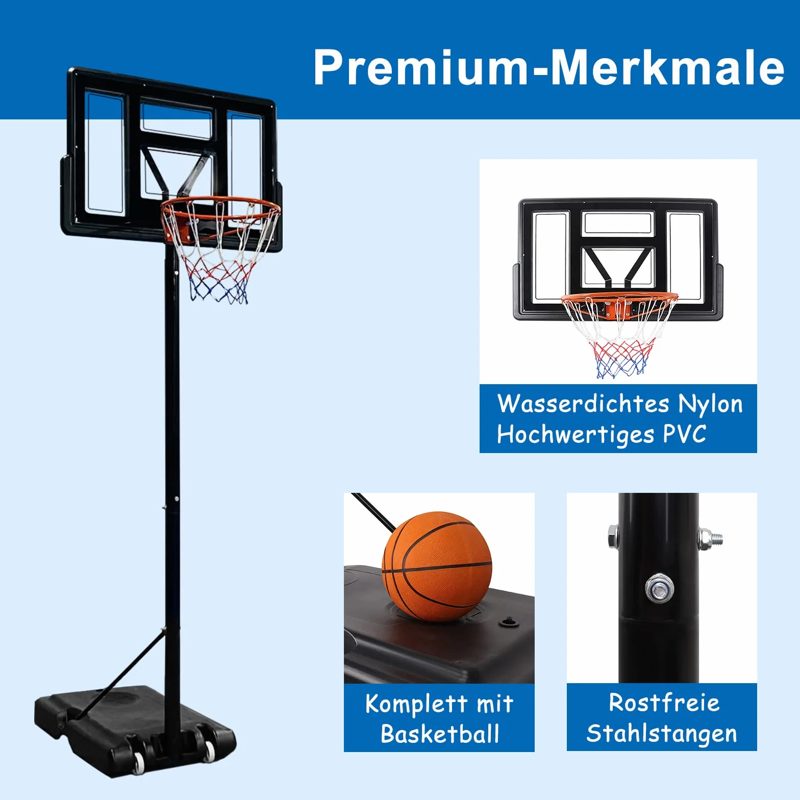 Canestro da Basket Regolabile Portatile con Ruote, Supporto per Basket da Esterno e Interno con Pallacanestro e Pompa
