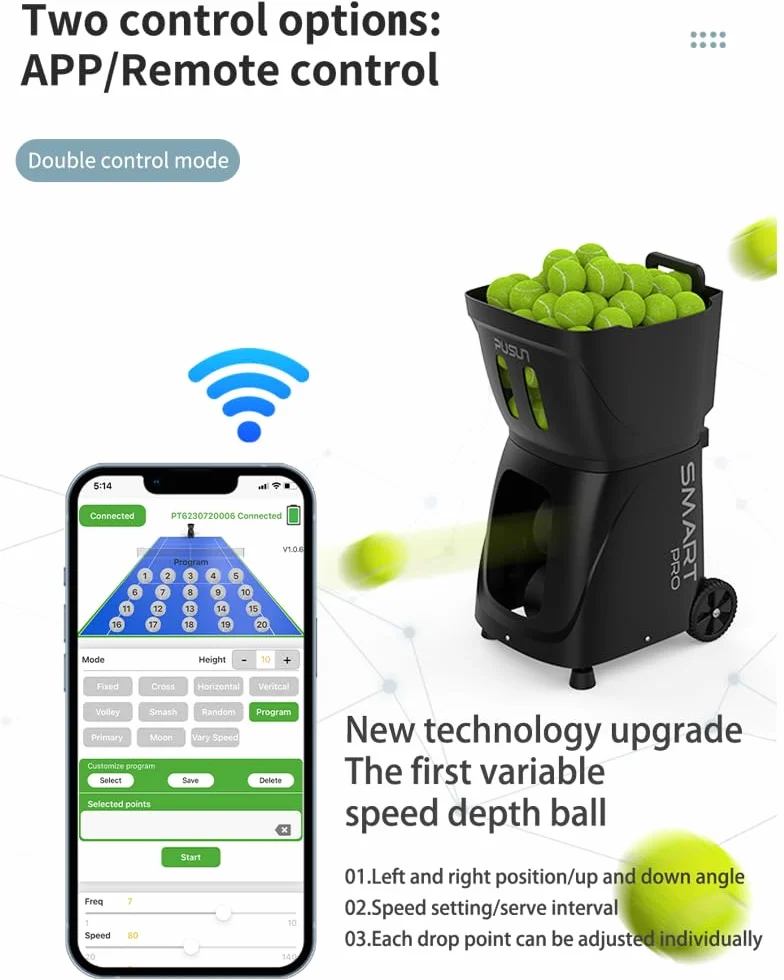 Macchina Lanciapalle PT-Smart PRO Tennis Padel Oscillazione Interna App Telecomando 100+ Palline 20–120 km/h