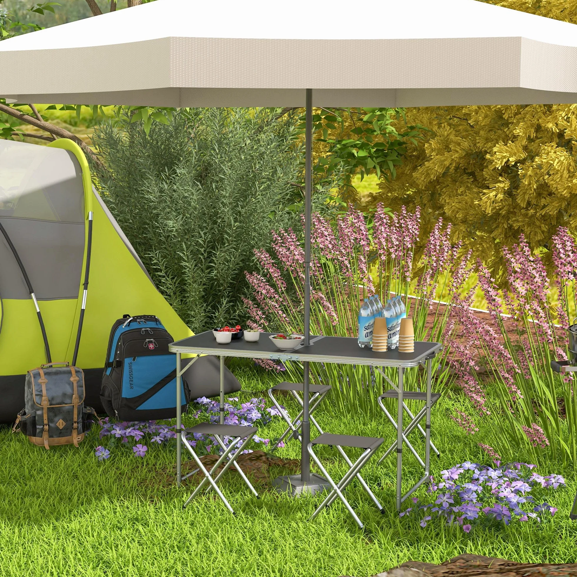 Outsunny 5-Piece Camping Set Tavolo da campeggio pieghevole con sedie regolabile in altezza 120x60x55-70 cm Nero