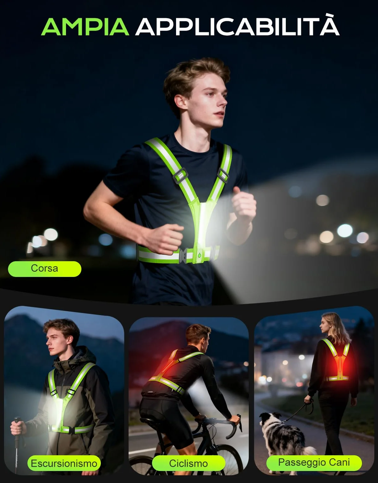 Glangeh Luce Running LED Alta Visibilità 360° Impermeabile Regolabile Torcia Frontale Bretelle Catarifrangenti per Corsa